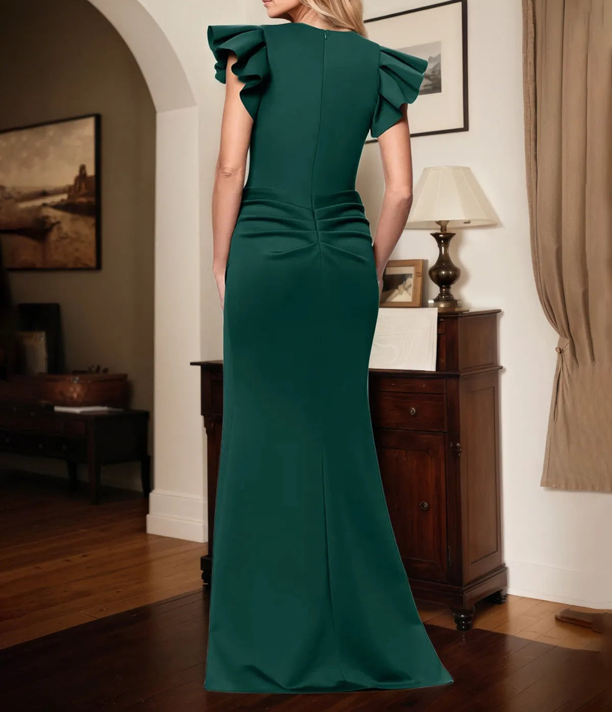 Trumpet/Mermaid V Neck Short Sleeve Floor Length Stretch Crepe Mother of the Bride Dress With Ruffles