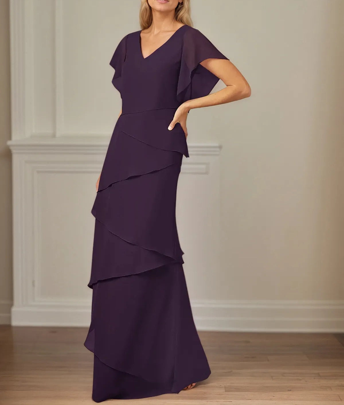 A Line V Neck Flutter Sleeve Floor Length Chiffon Mother of the Bride Dress