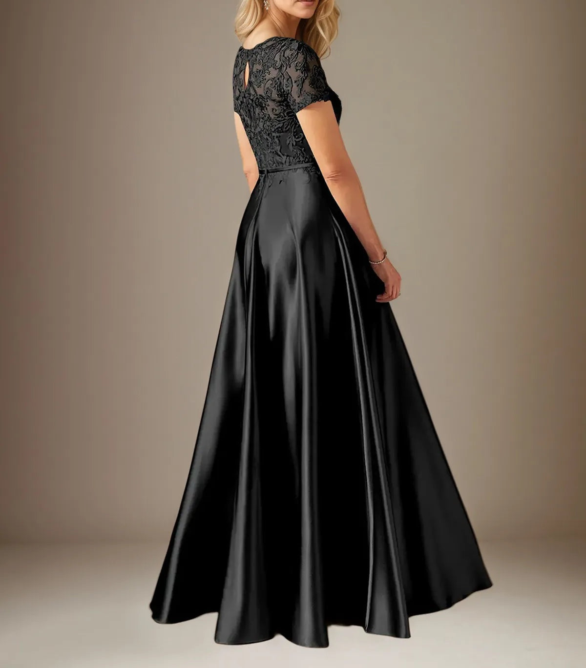 A Line Satin Scoop Neck Short Sleeves Floor Length Dress With Appliques