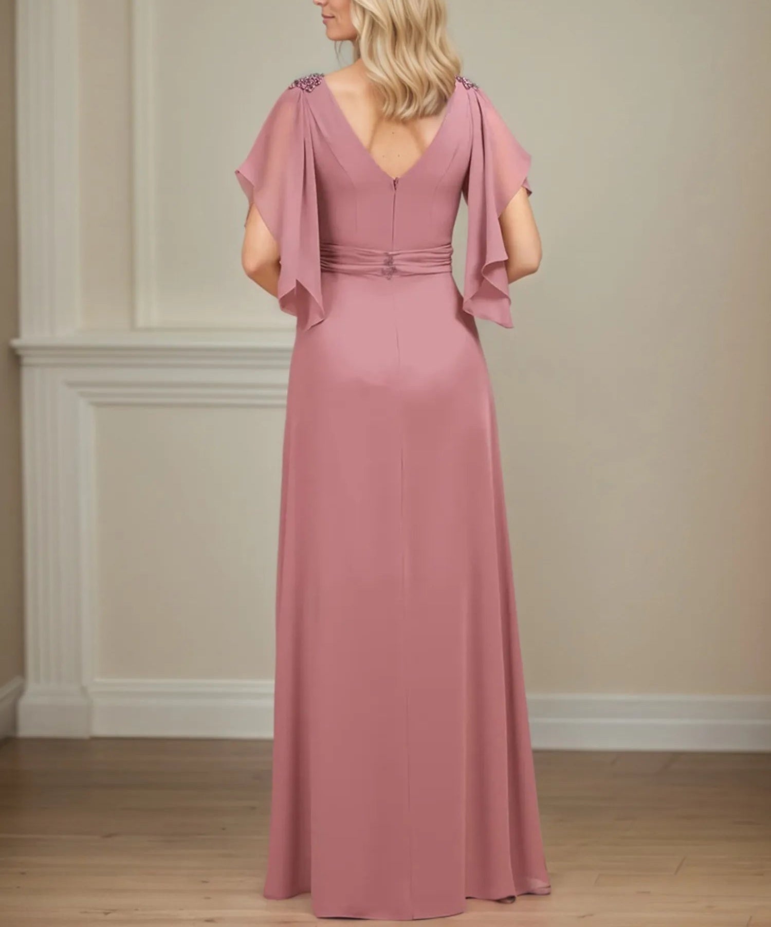 A Line V Neck Appliqued Floor Length Mother of the Bride Dress with Ruffles