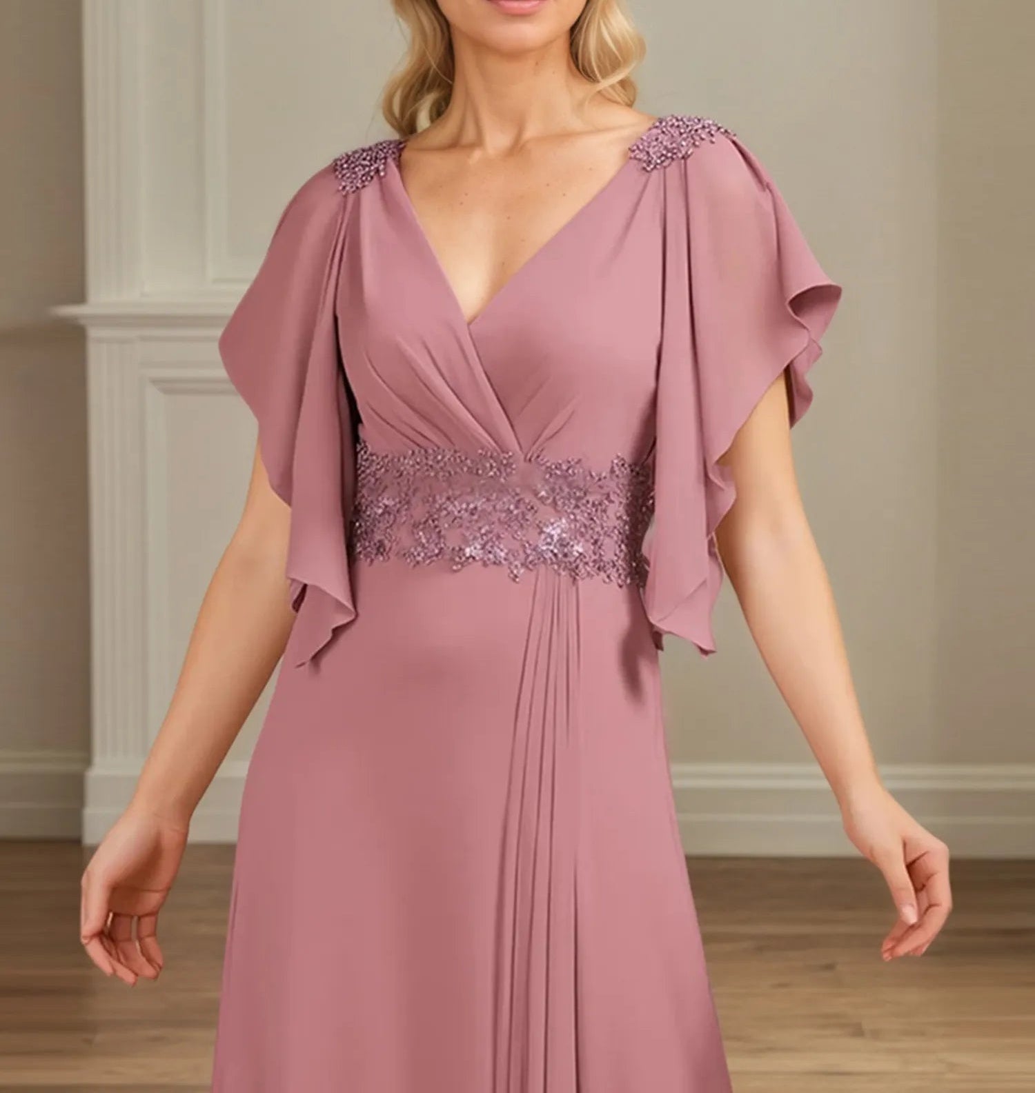 A Line V Neck Appliqued Floor Length Mother of the Bride Dress with Ruffles