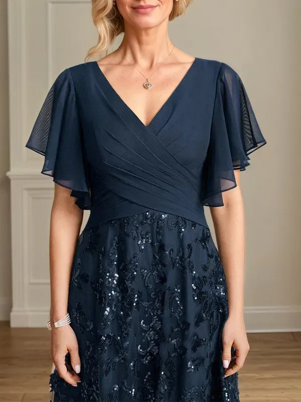 A Line V Neck Short Sleeve Chiffon Mother of the Bride Dress With Appliques