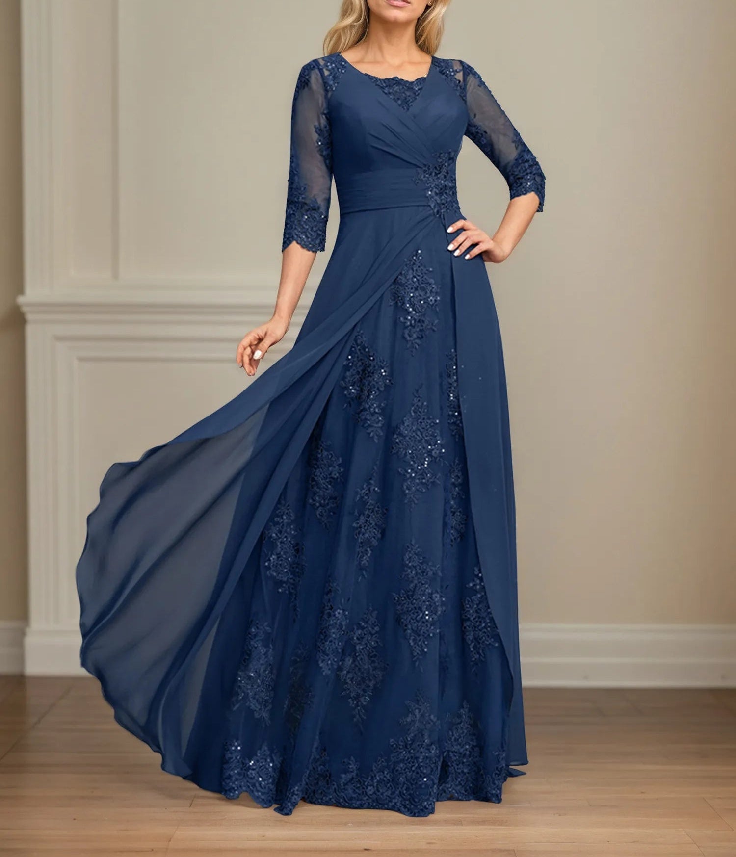 A-line Square Floor-Length Lace Chiffon Mother of the Bride Dress With Pleated Sequins