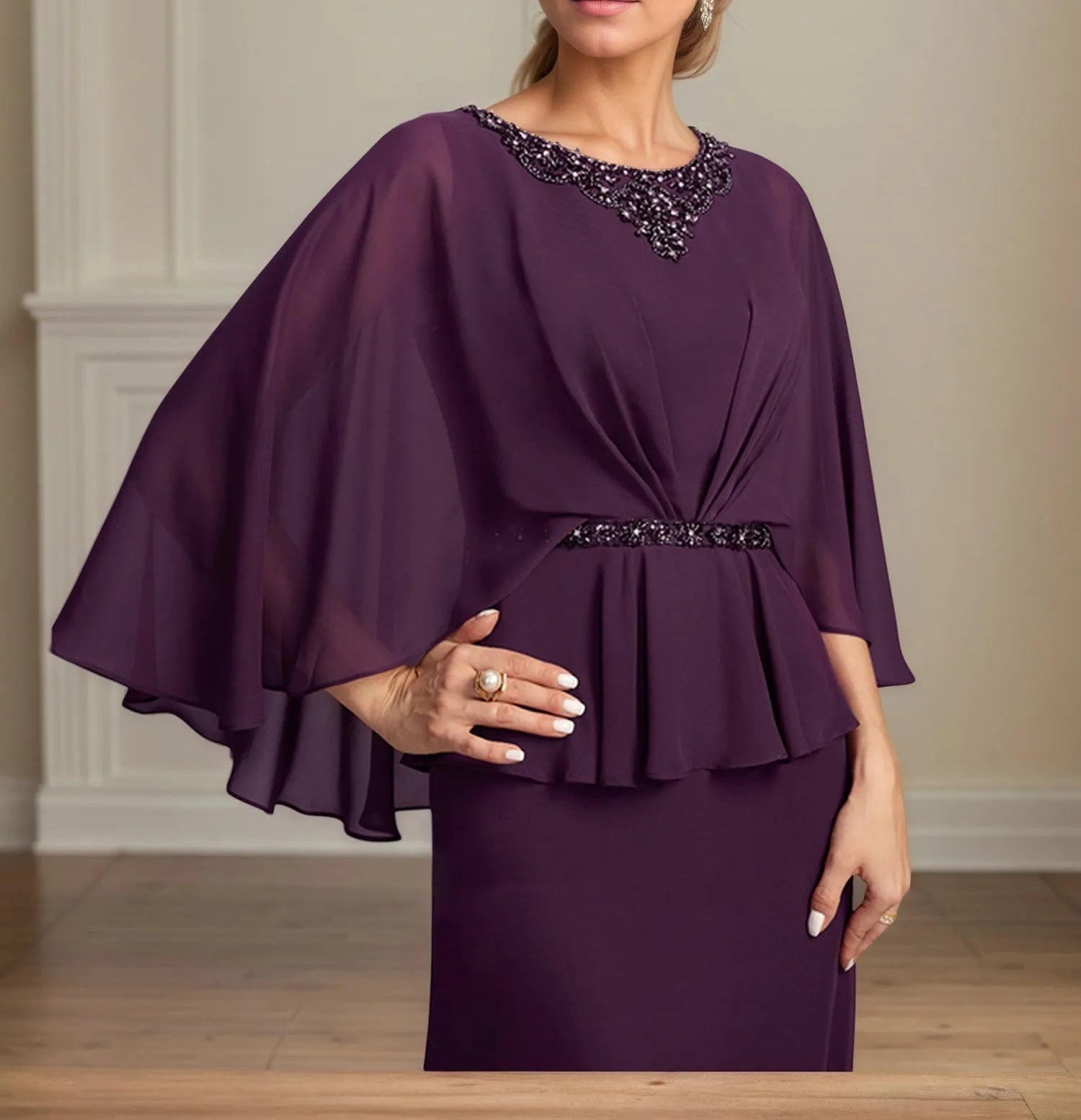 A-line Scoop Floor-Length Chiffon Mother of the Bride Dress With Pleated Sequins Beading