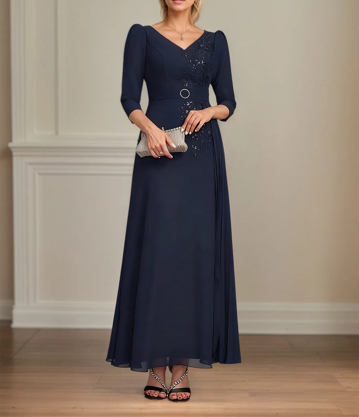 A-line V-Neck Ankle-Length Lace Chiffon Mother of the Bride Dress With Pleated Sequins