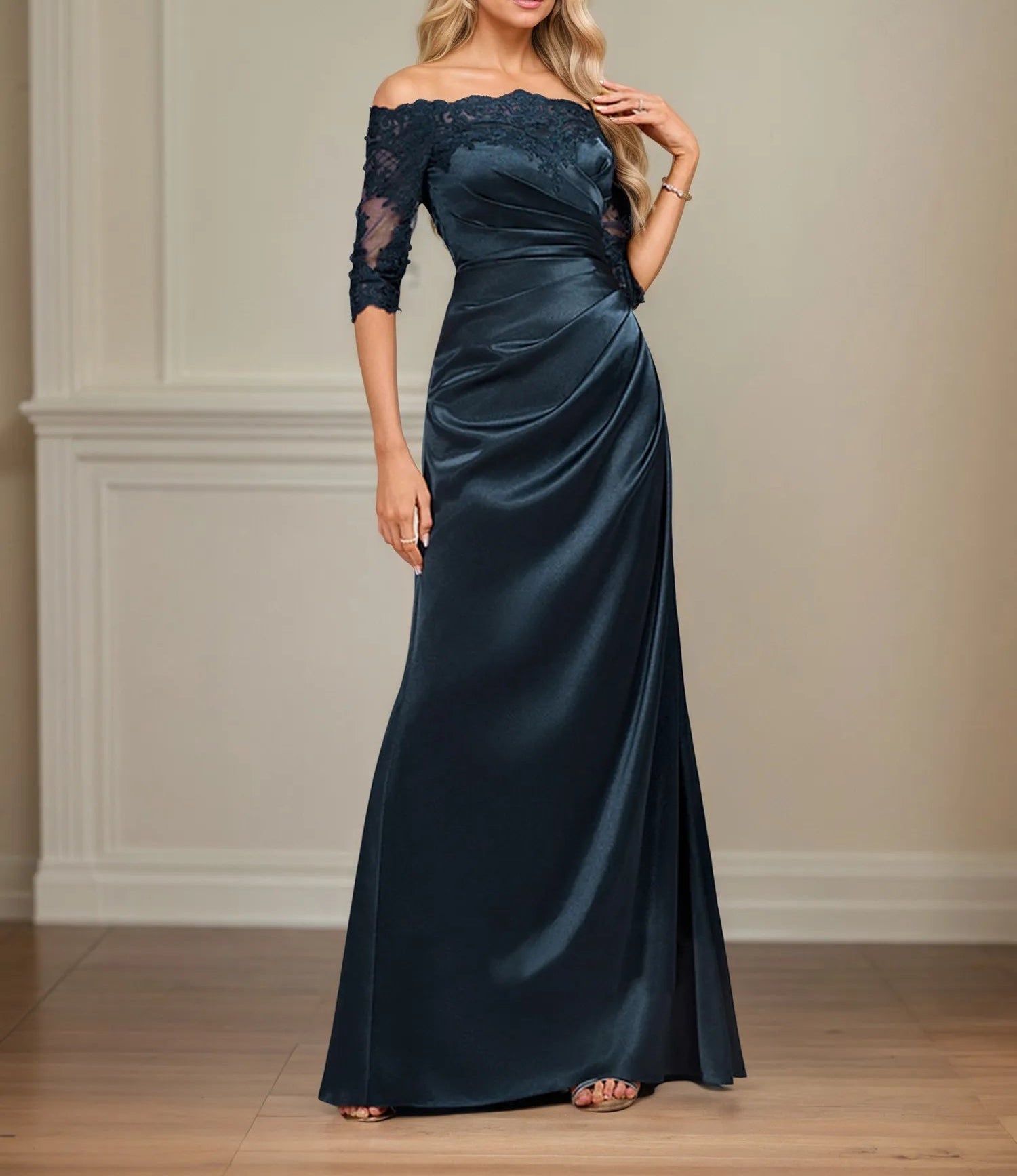 Sheath/Column Off the Shoulder Floor-Length Lace Stretch Satin Evening Dress With Pleated