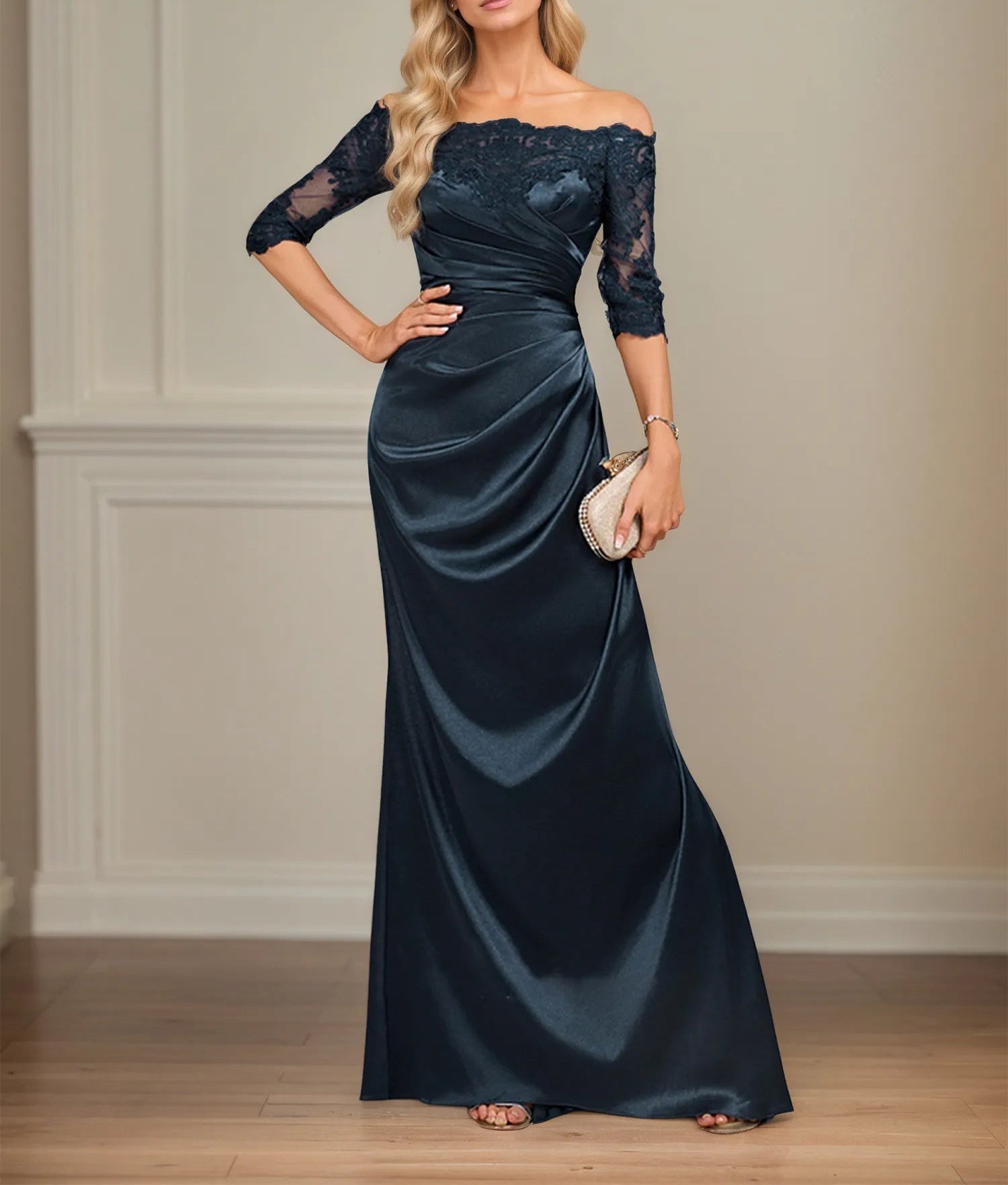 Sheath/Column Off the Shoulder Floor-Length Lace Stretch Satin Evening Dress With Pleated