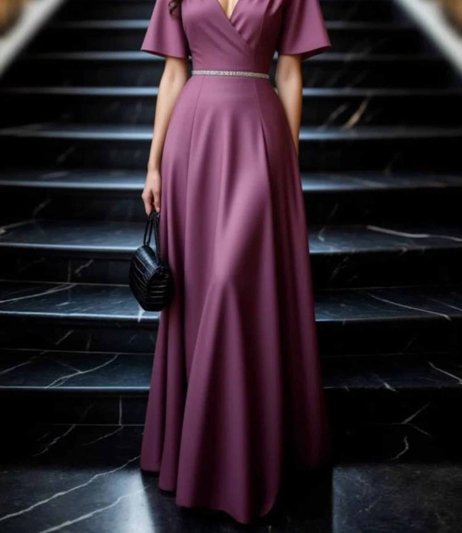 Evening Dress Purple V Neck Belted Maxi Mother of the Bride Dress