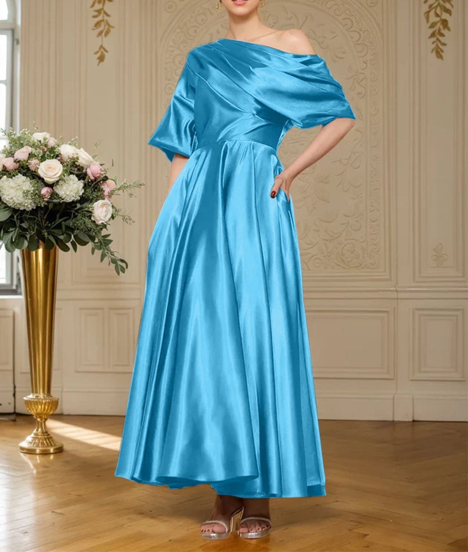 A-line Short Sleeves Pleated Ankle-Length Silk like Satin Mother of the Bride Dress