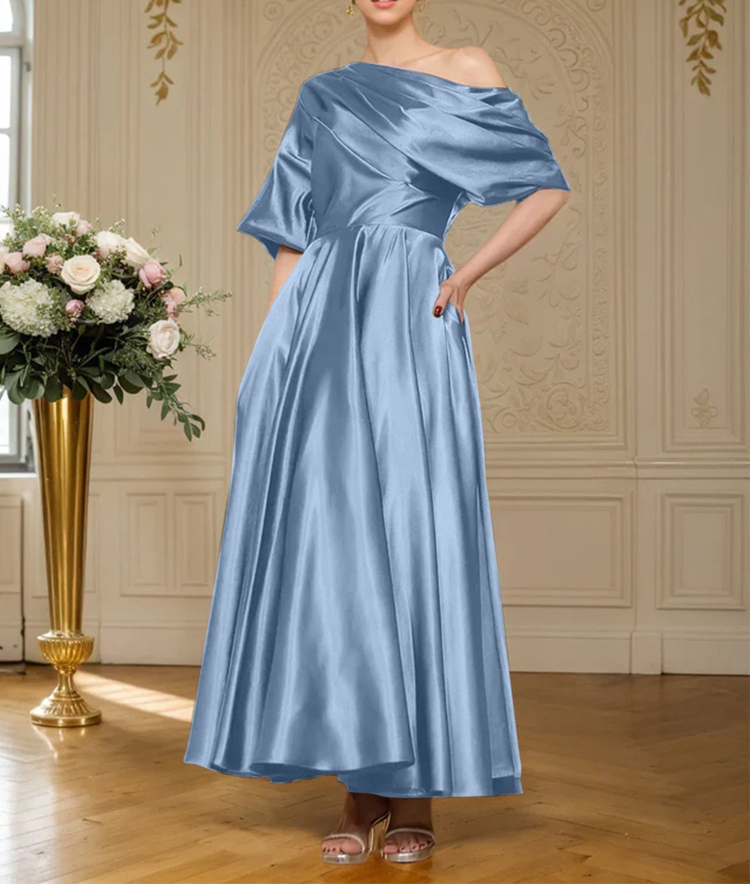 A-line Short Sleeves Pleated Ankle-Length Silk like Satin Mother of the Bride Dress
