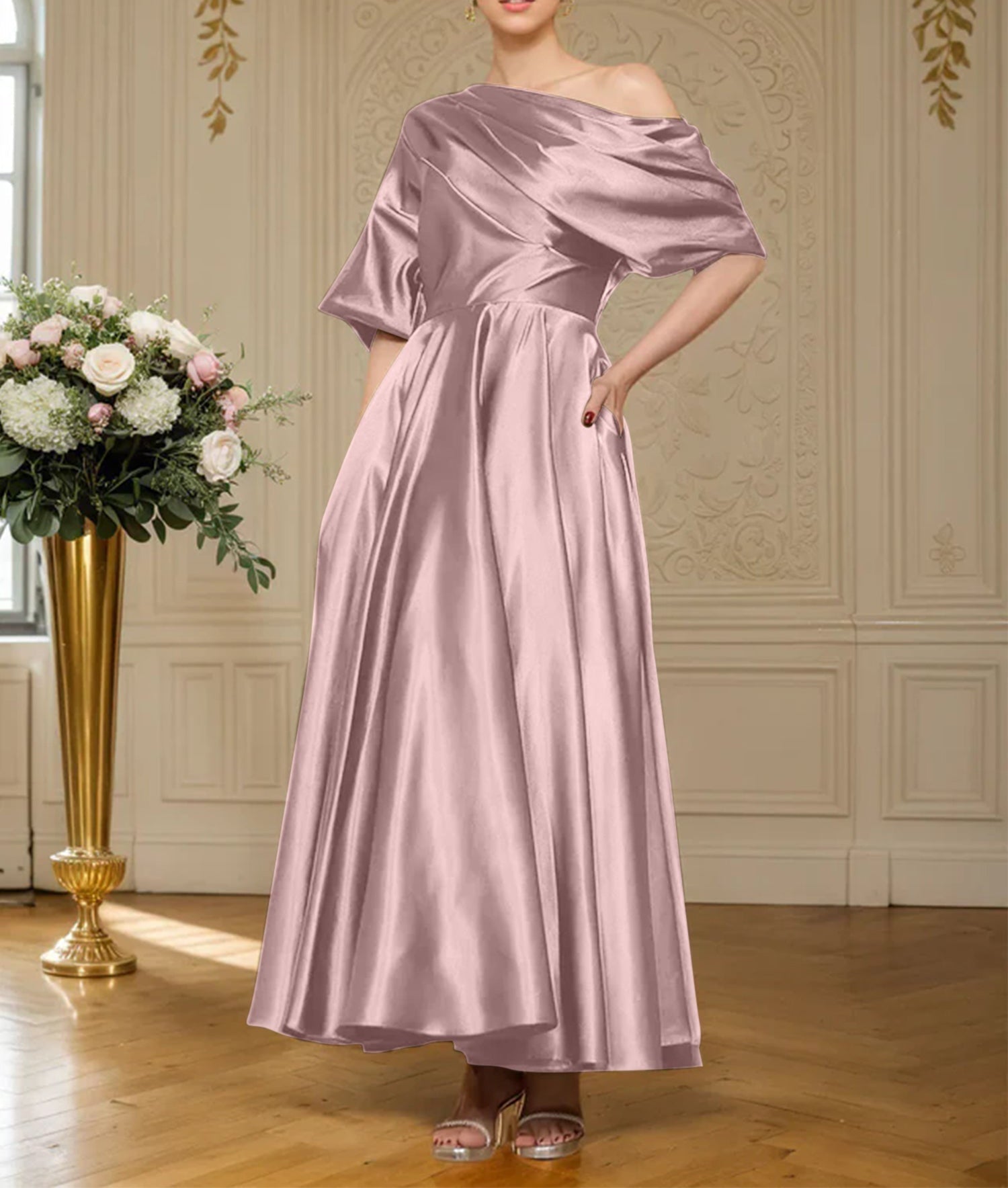 A-line Short Sleeves Pleated Ankle-Length Silk like Satin Mother of the Bride Dress