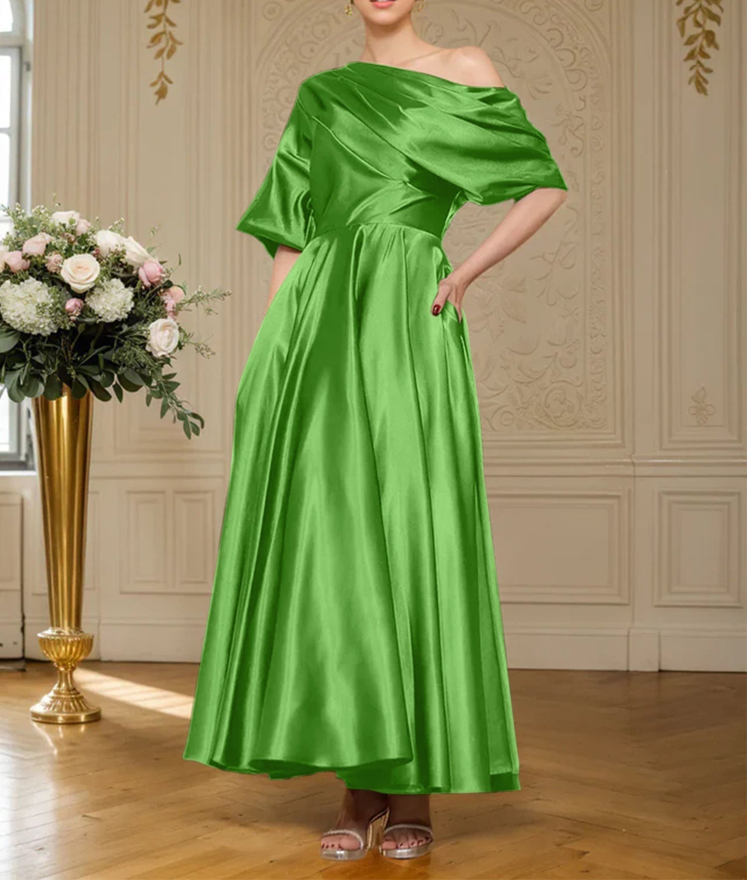 A-line Short Sleeves Pleated Ankle-Length Silk like Satin Mother of the Bride Dress