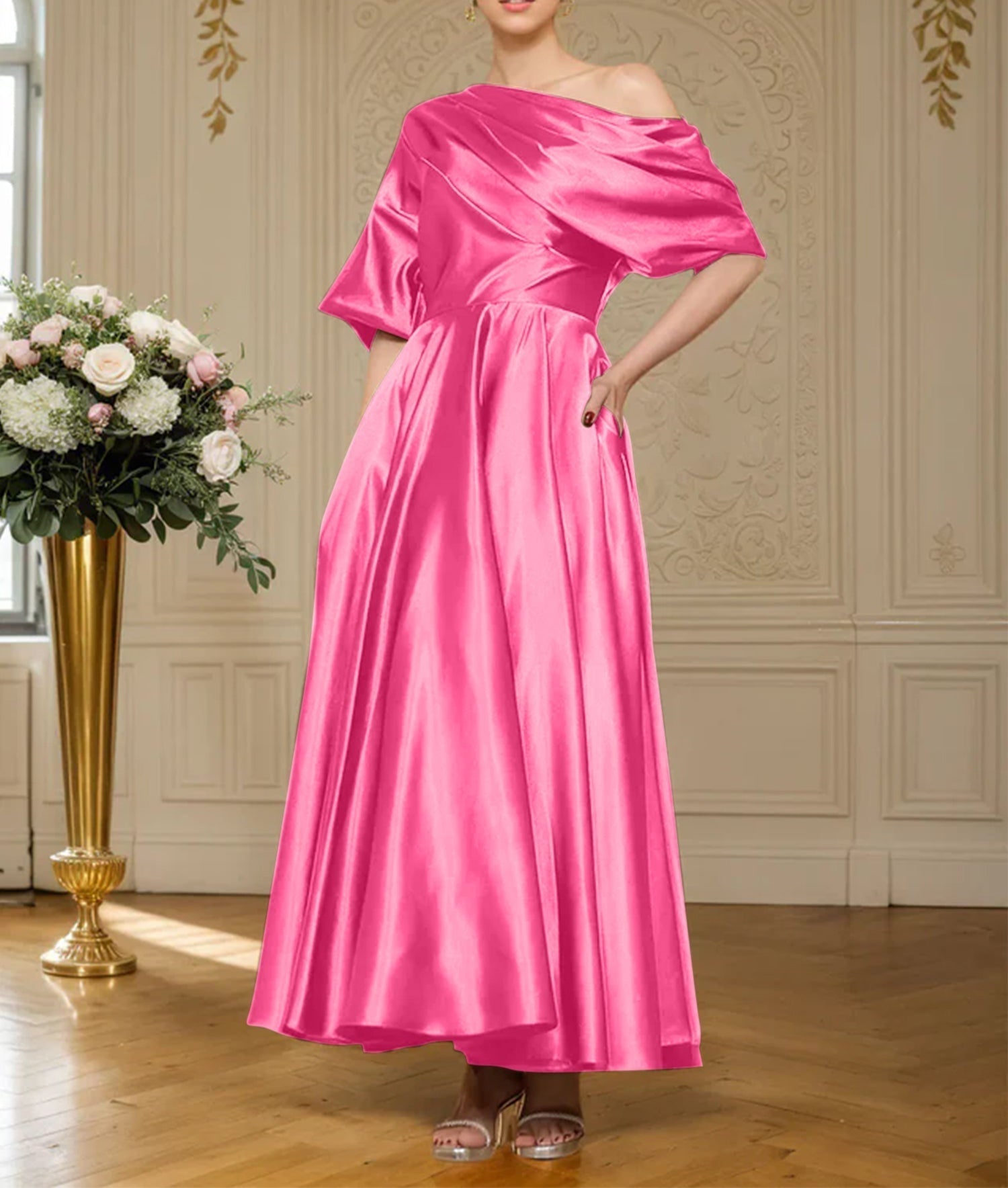 A-line Short Sleeves Pleated Ankle-Length Silk like Satin Mother of the Bride Dress