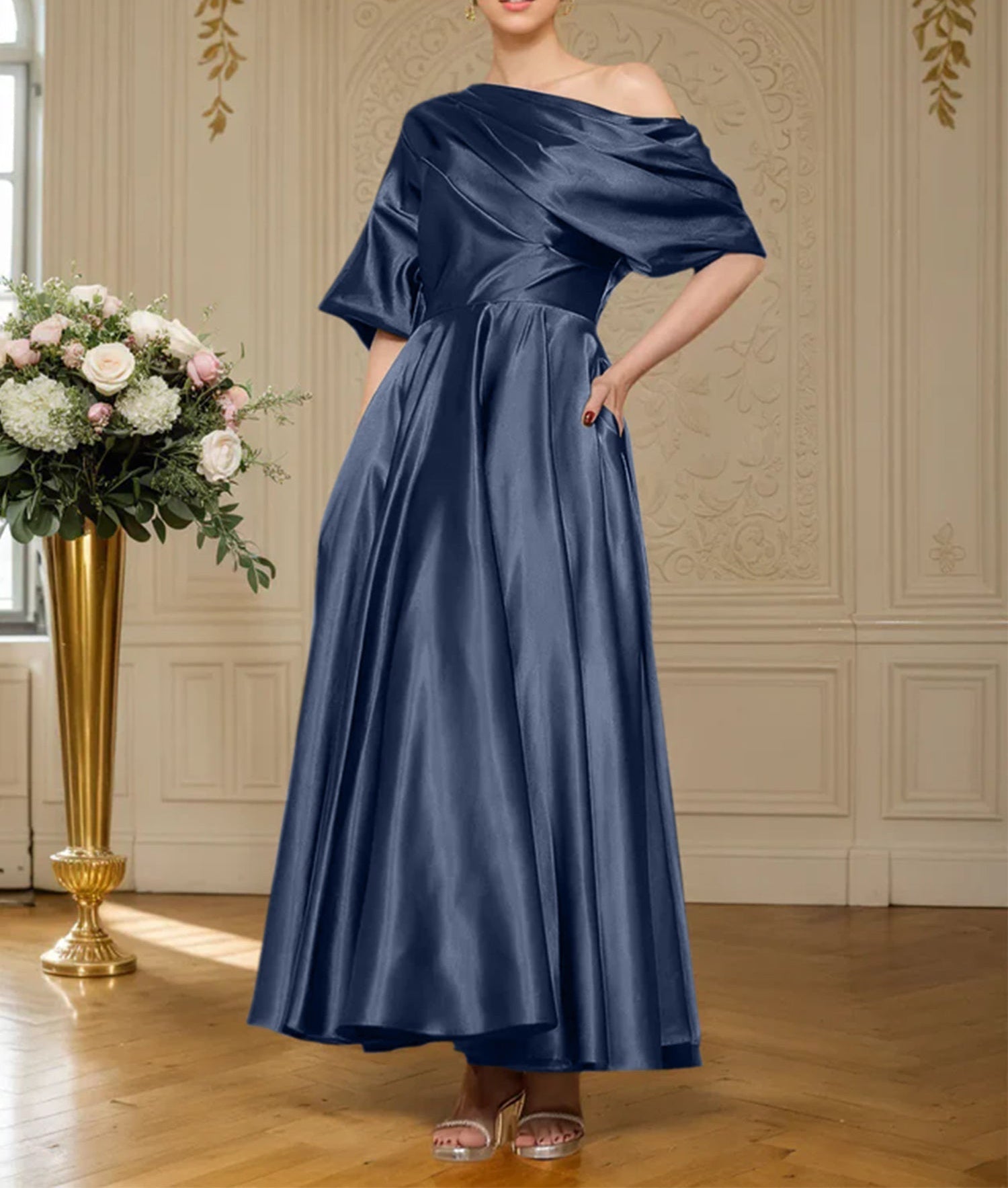 A-line Short Sleeves Pleated Ankle-Length Silk like Satin Mother of the Bride Dress