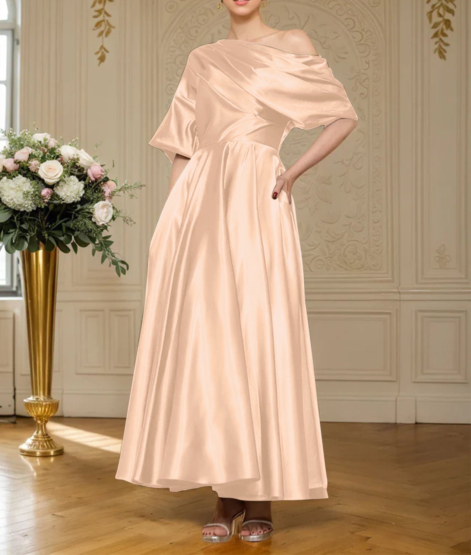 A-line Short Sleeves Pleated Ankle-Length Silk like Satin Mother of the Bride Dress