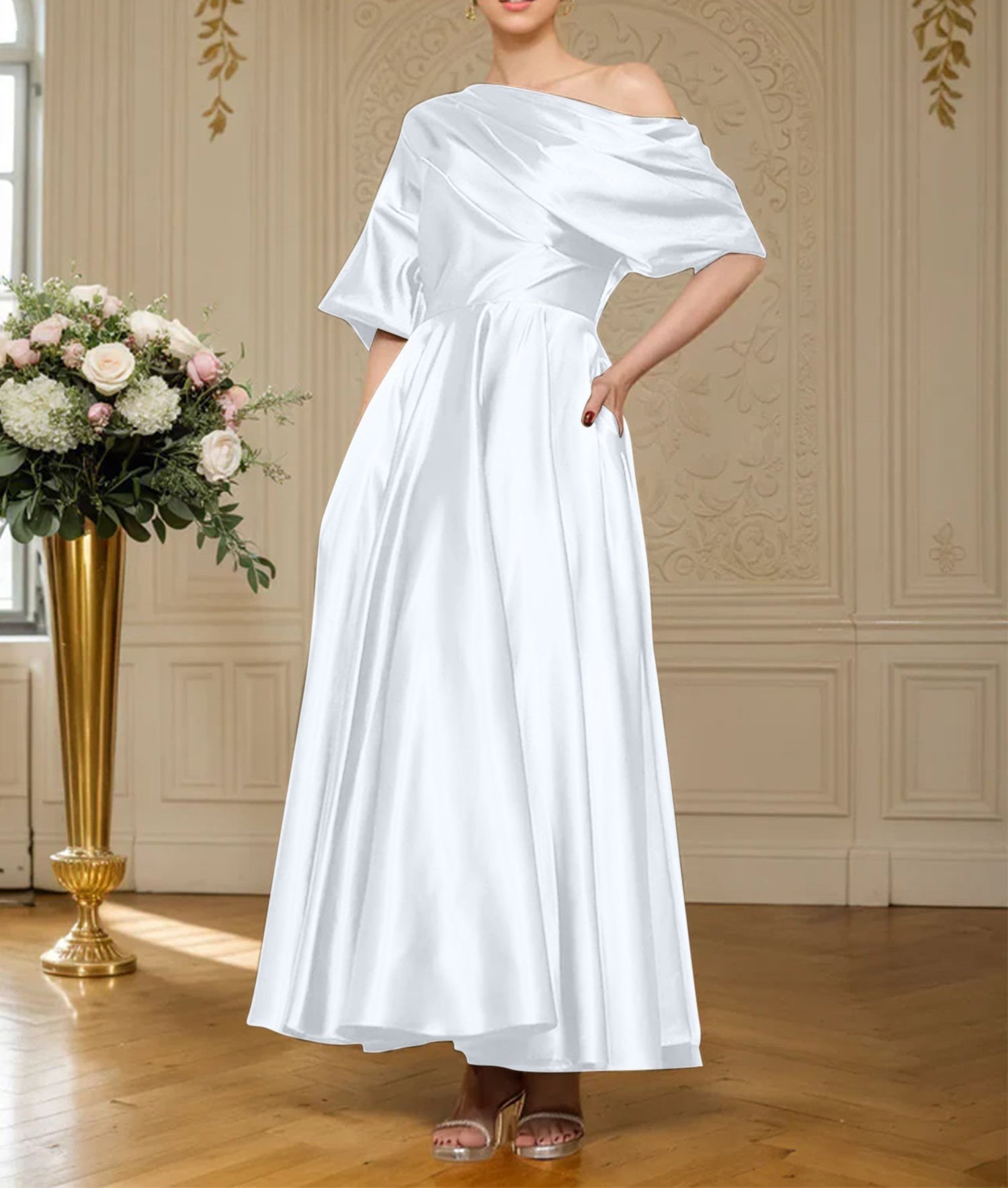 A-line Short Sleeves Pleated Ankle-Length Silk like Satin Mother of the Bride Dress