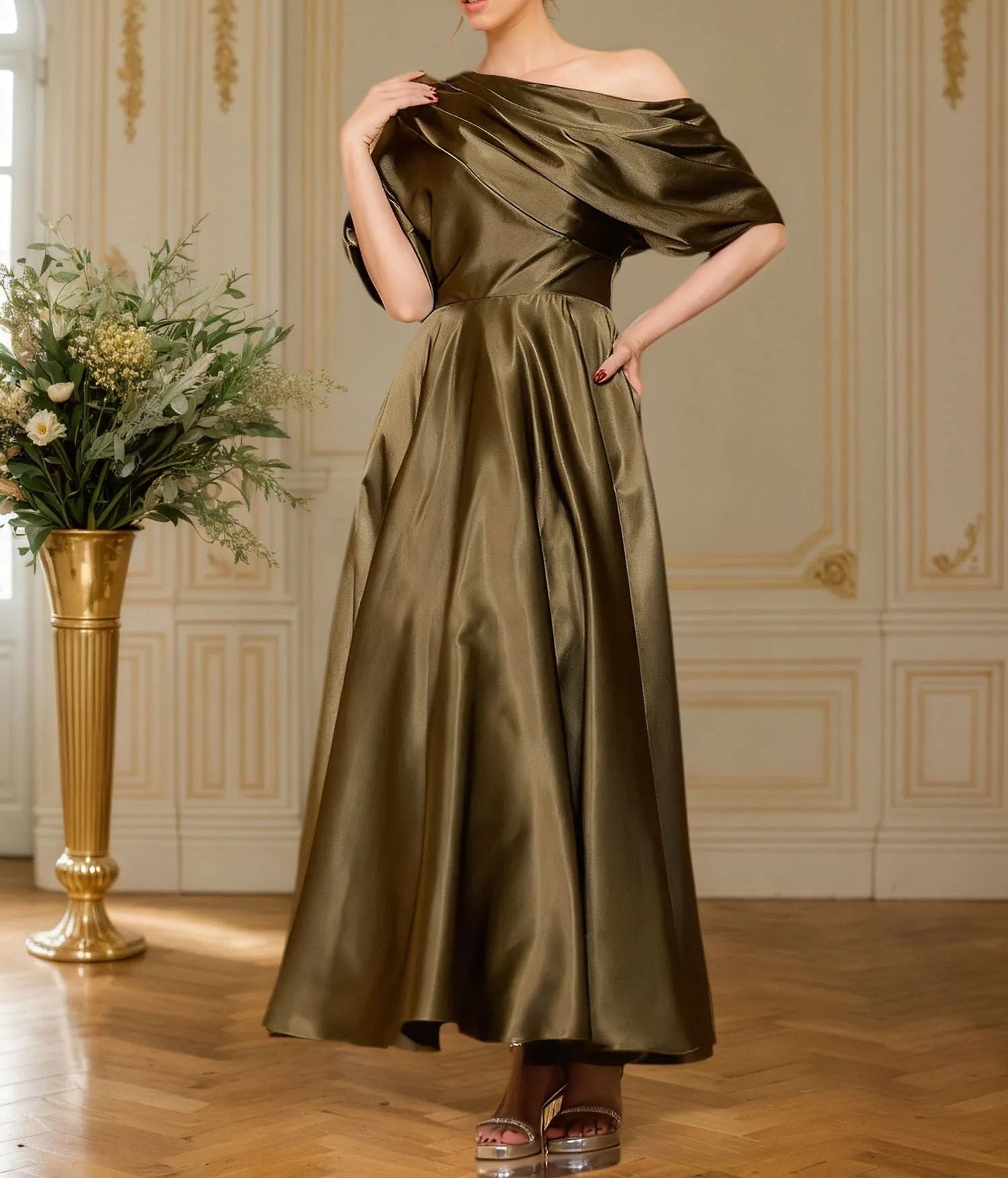 A-line Short Sleeves Pleated Ankle-Length Silk like Satin Mother of the Bride Dress