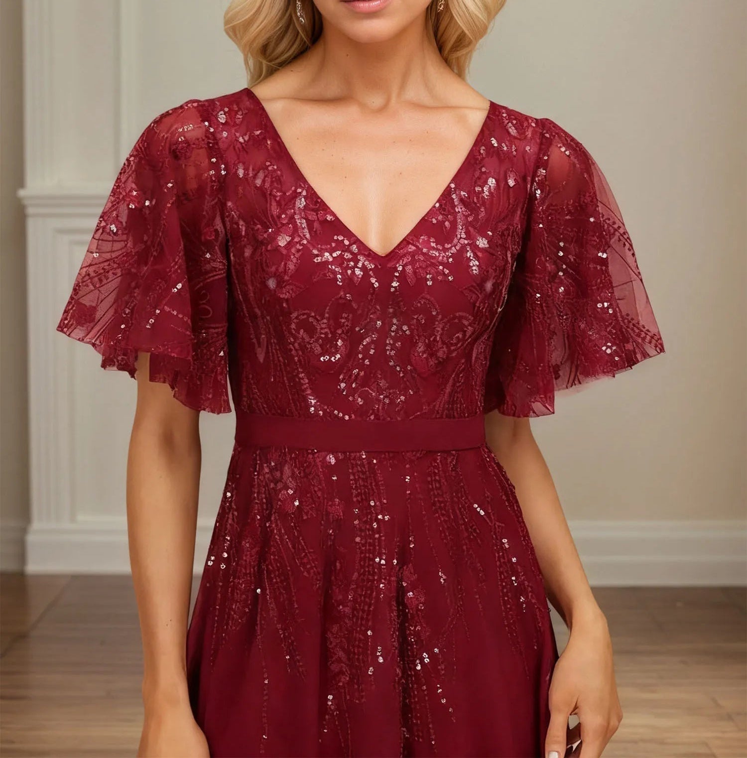 A-line V-Neck Floor-Length Lace Chiffon Evening Dress With Sequins