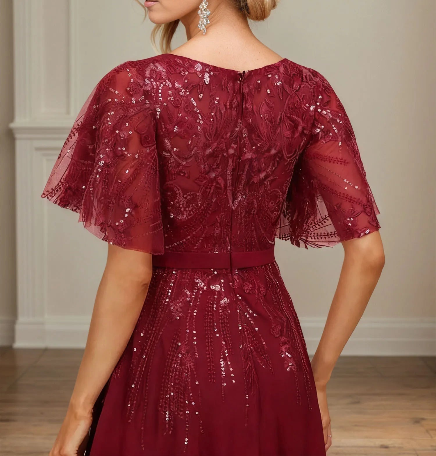 A-line V-Neck Floor-Length Lace Chiffon Evening Dress With Sequins