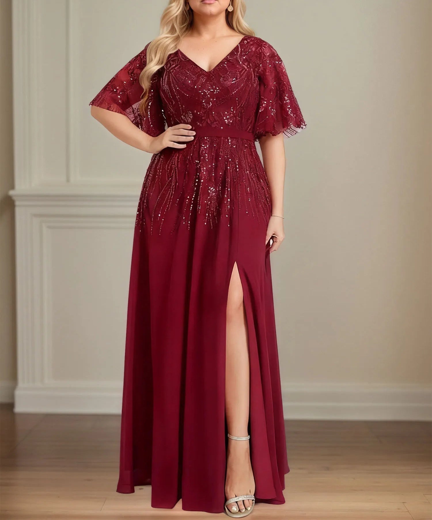 A-line V-Neck Floor-Length Lace Chiffon Evening Dress With Sequins