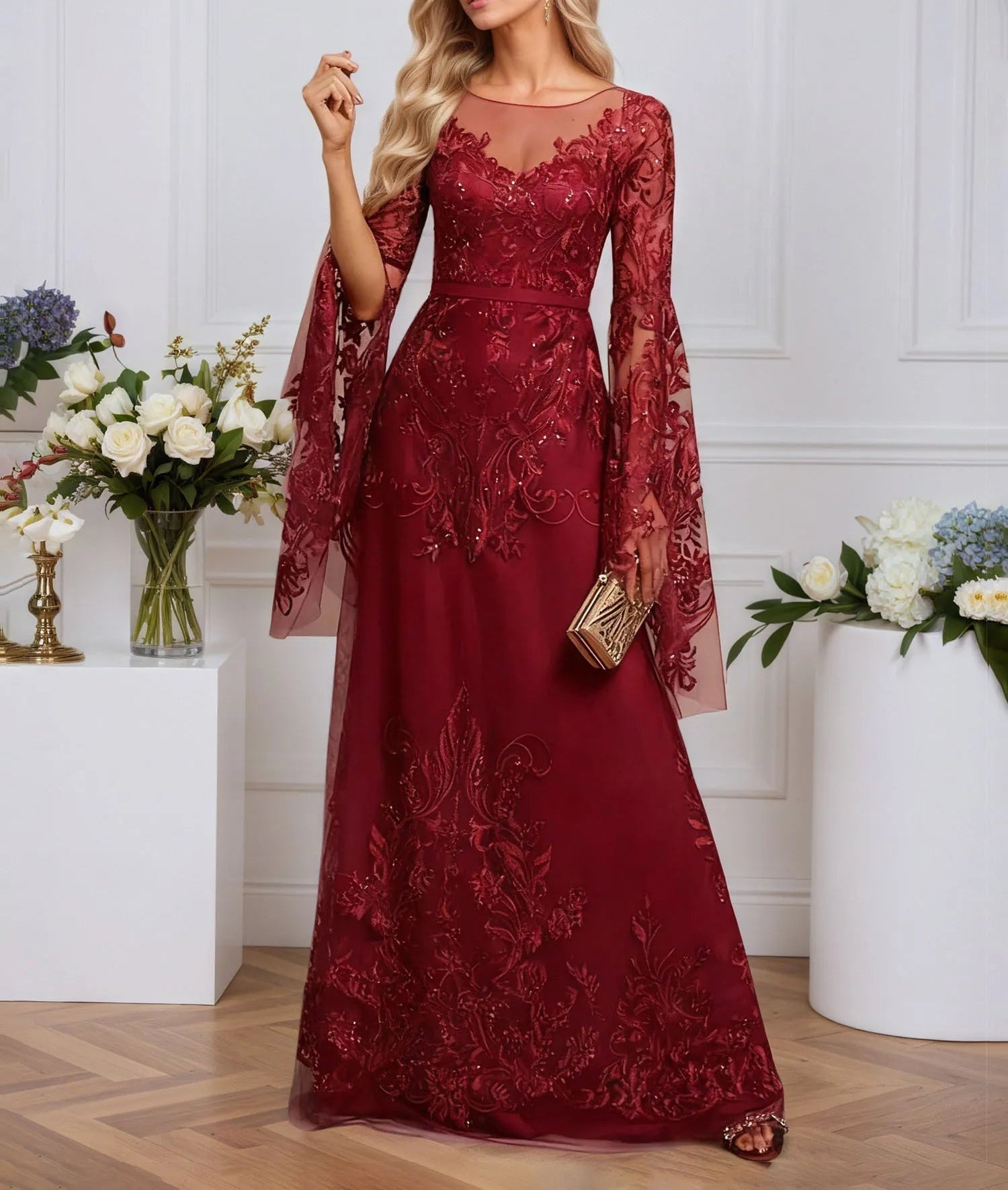 A-line Scoop Illusion Floor-Length Tulle Lace Evening Dress With Sequins