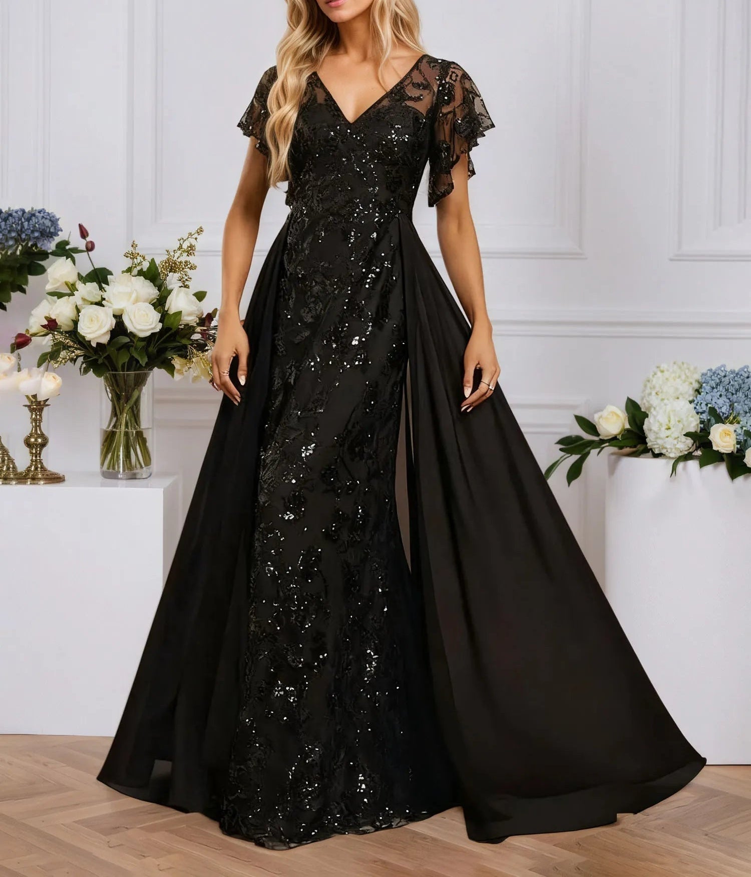 Sheath/Column Illusion V-Neck Floor-Length Sequin Chiffon Lace Evening Dress With Overskirt