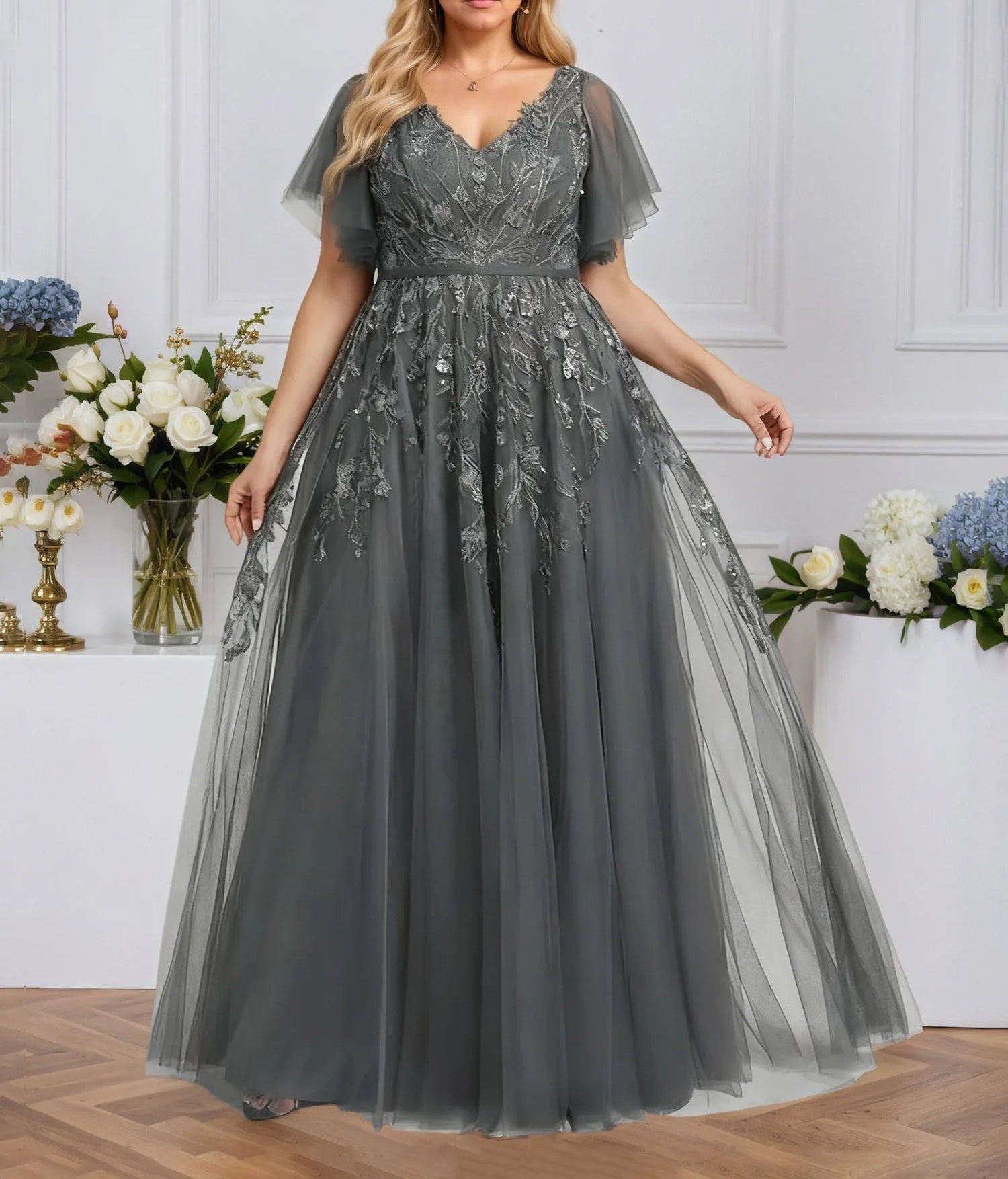 A-line V-Neck Floor-Length Tulle Lace Evening Dress With Sequins