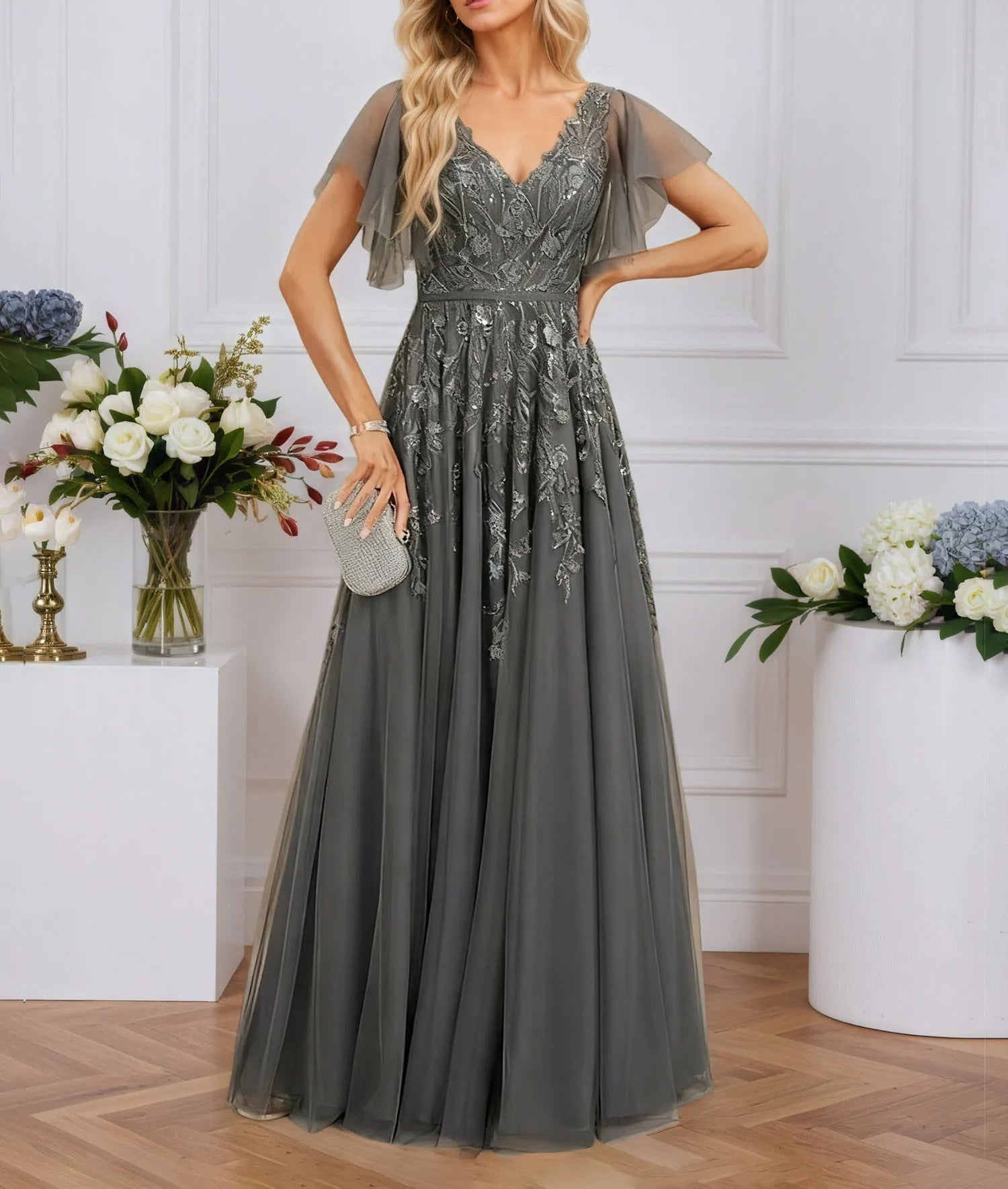 A-line V-Neck Floor-Length Tulle Lace Evening Dress With Sequins