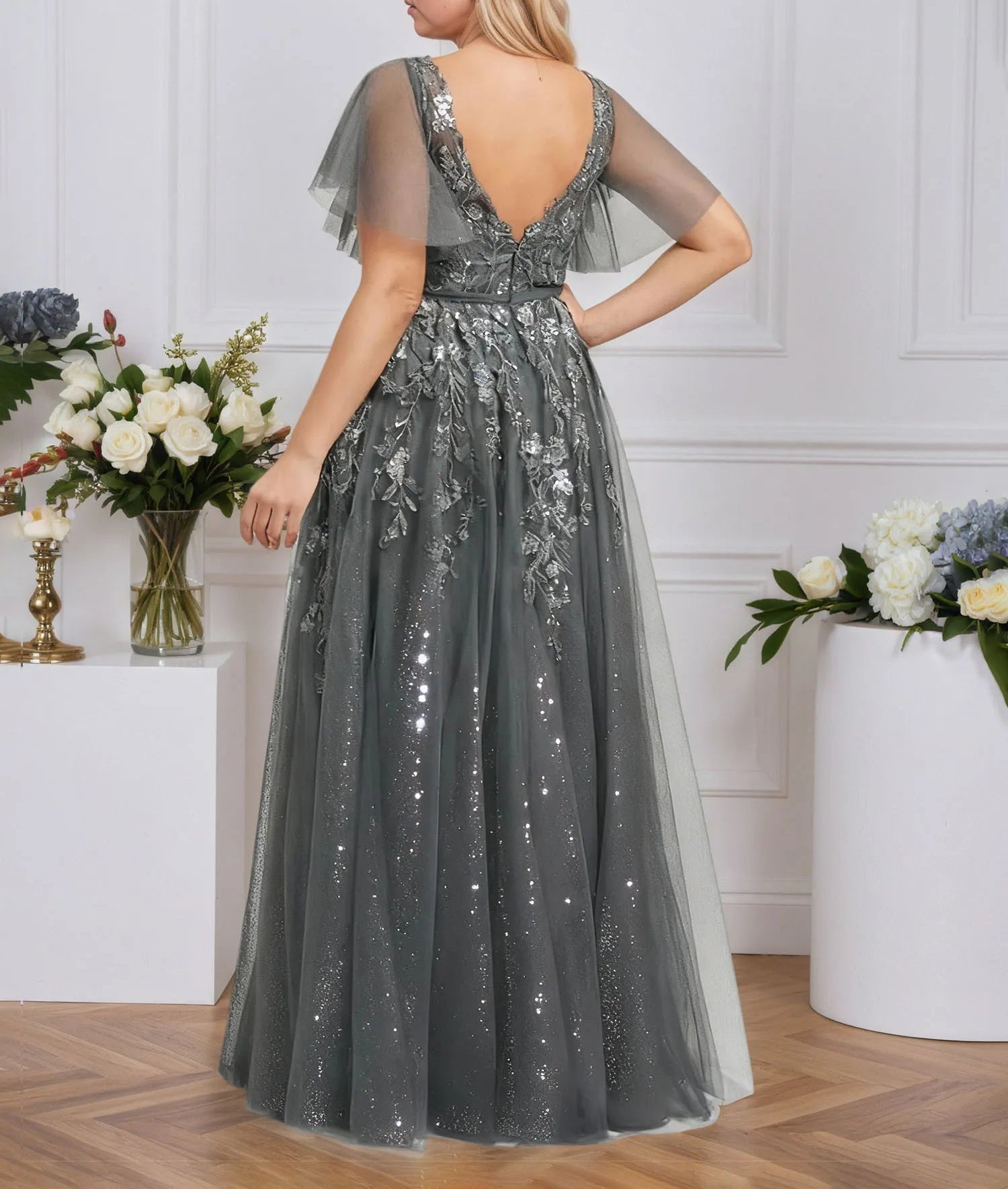 A-line V-Neck Floor-Length Tulle Lace Evening Dress With Sequins