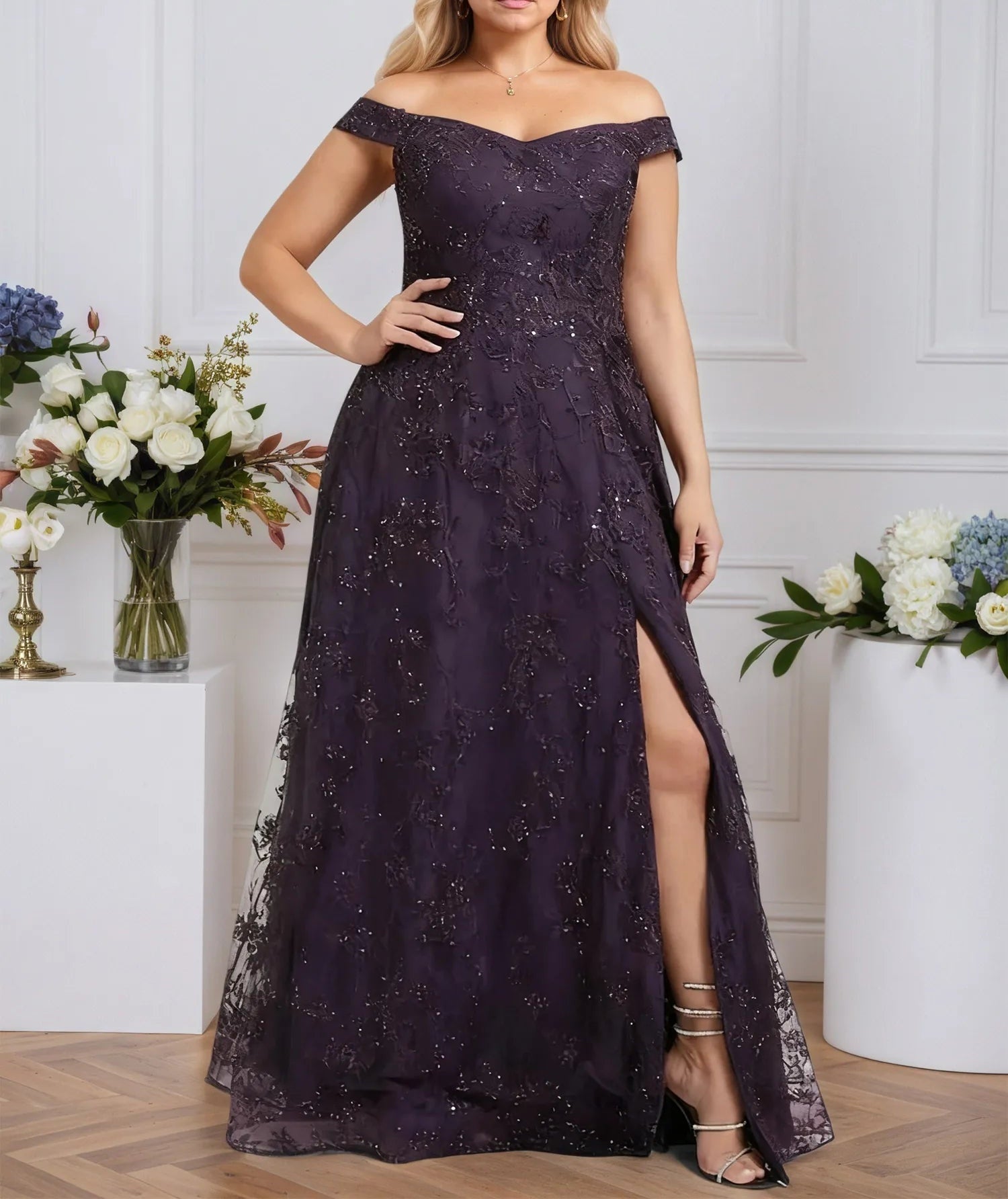 A-line Off the Shoulder Floor-Length Sequin Lace Evening Dress