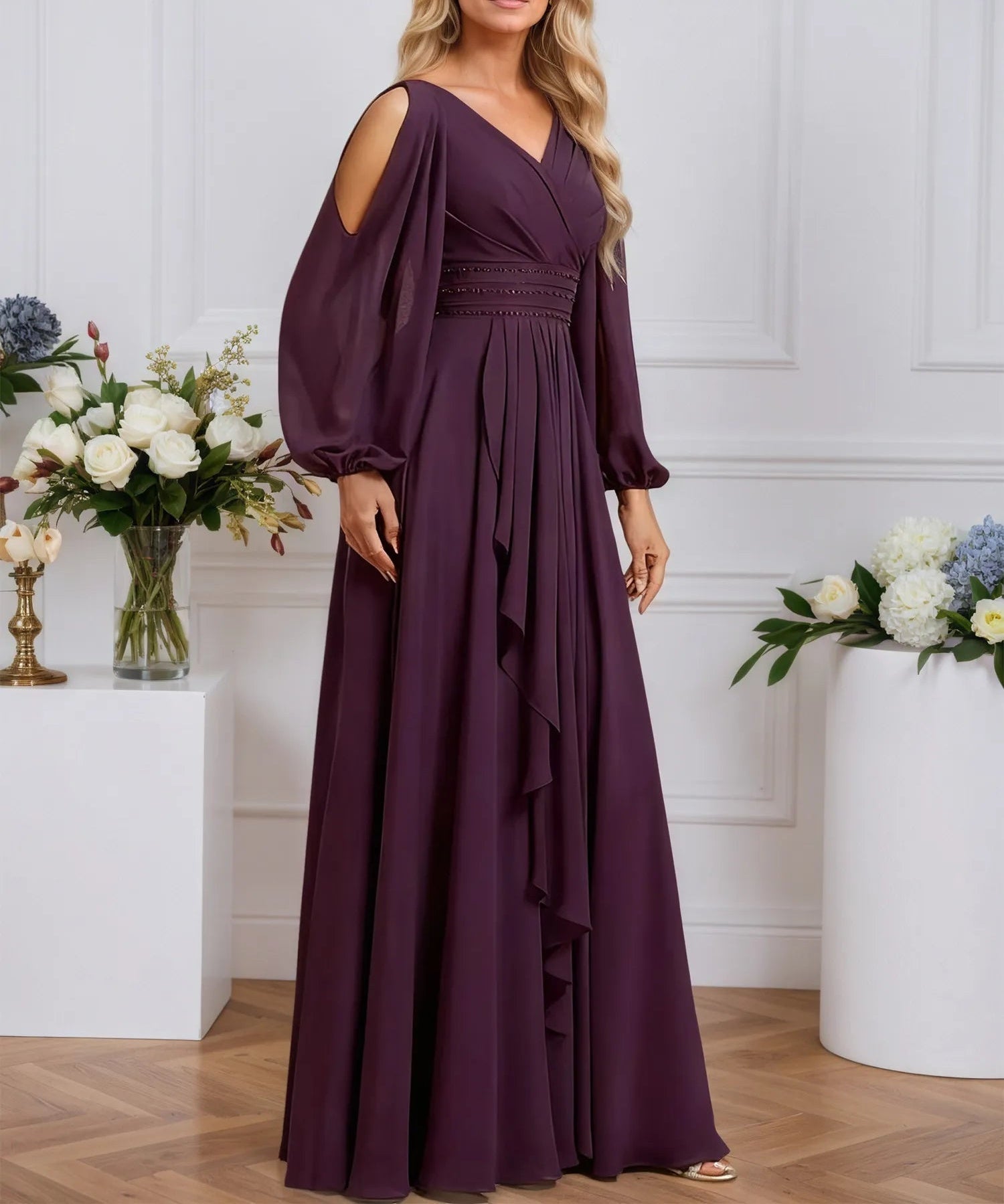 A-line Cold Shoulder V-Neck Floor-Length Chiffon Evening Dress With Cascading Ruffles Beading