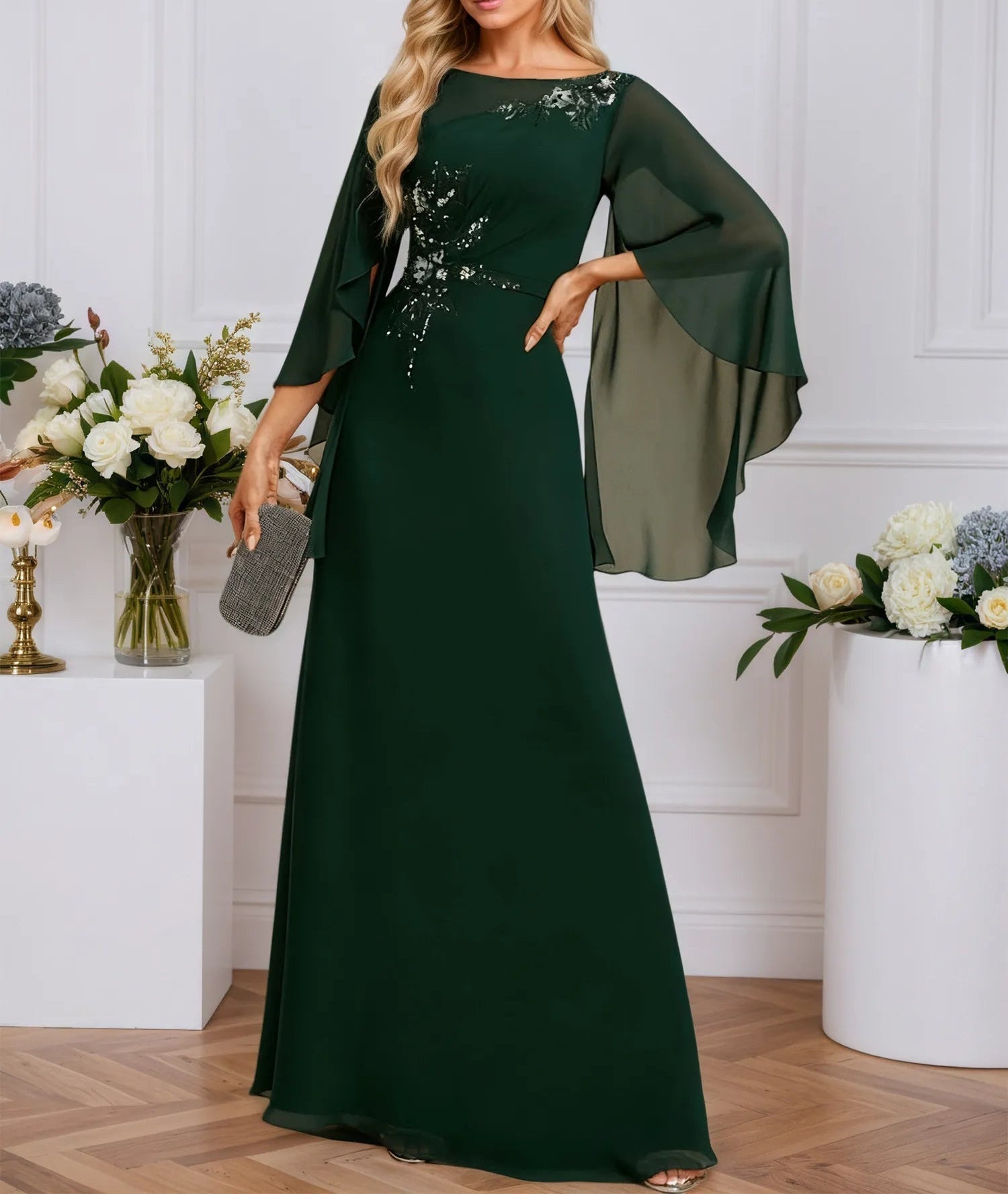 A-line Boat Neck Illusion Floor-Length Chiffon Evening Dress With Sequins Appliques Lace Pleated
