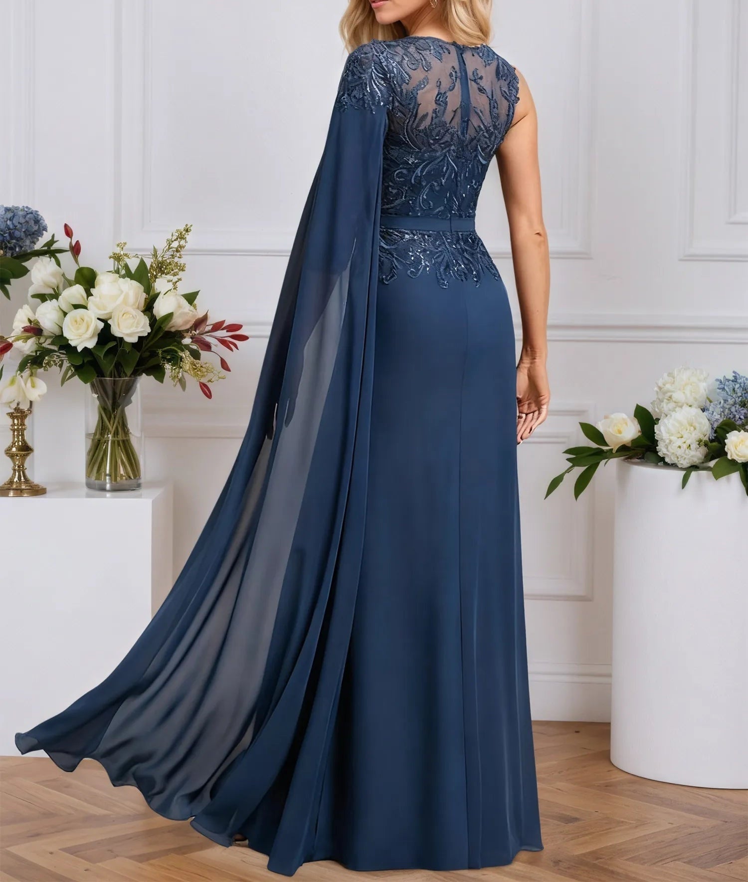A-line Scoop Neck Floor-Length Chiffon Evening Dress With Sequins Appliques