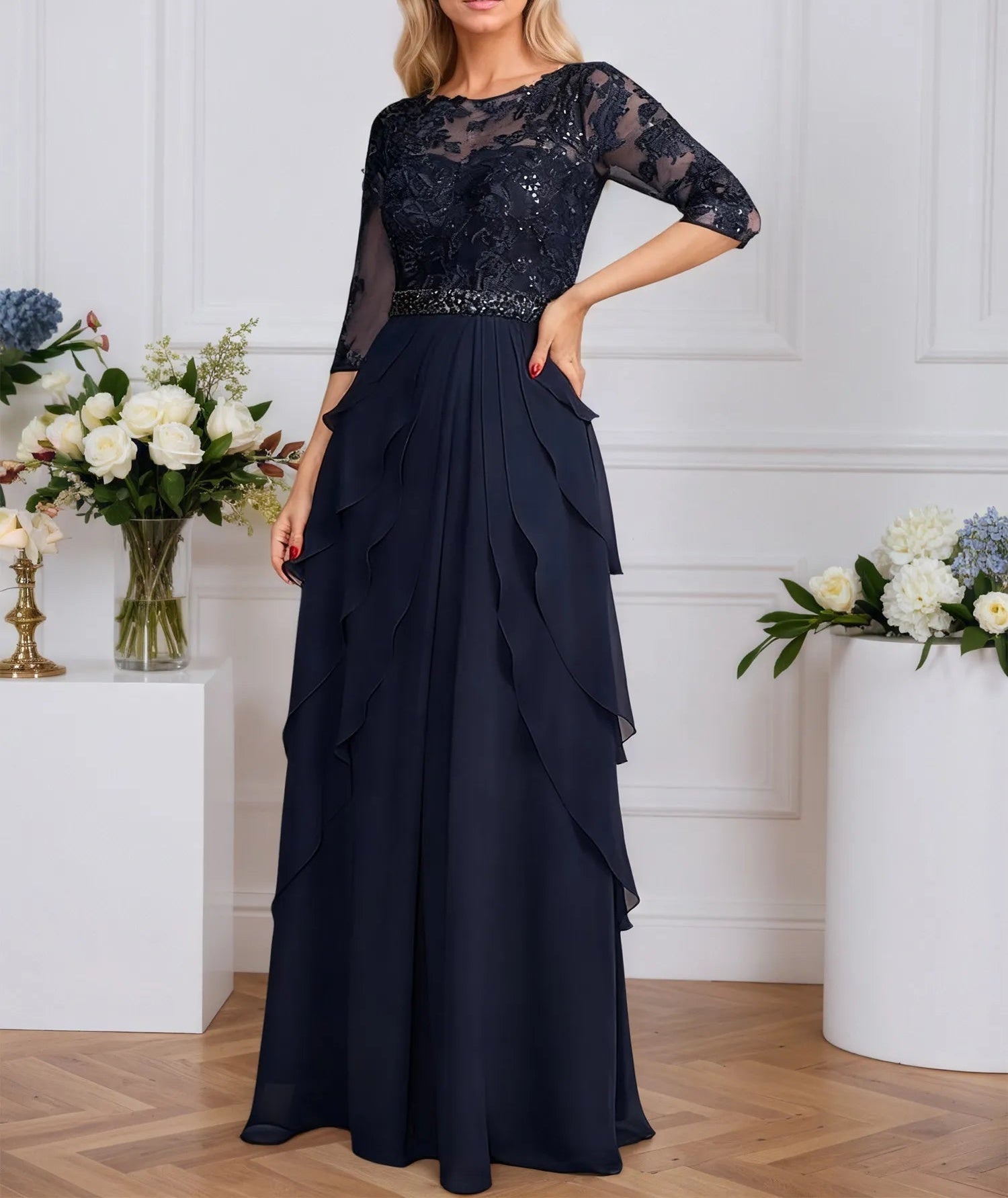 A-line Scoop Illusion Floor-Length Chiffon Mother of the Bride Dress With Sequins Beading