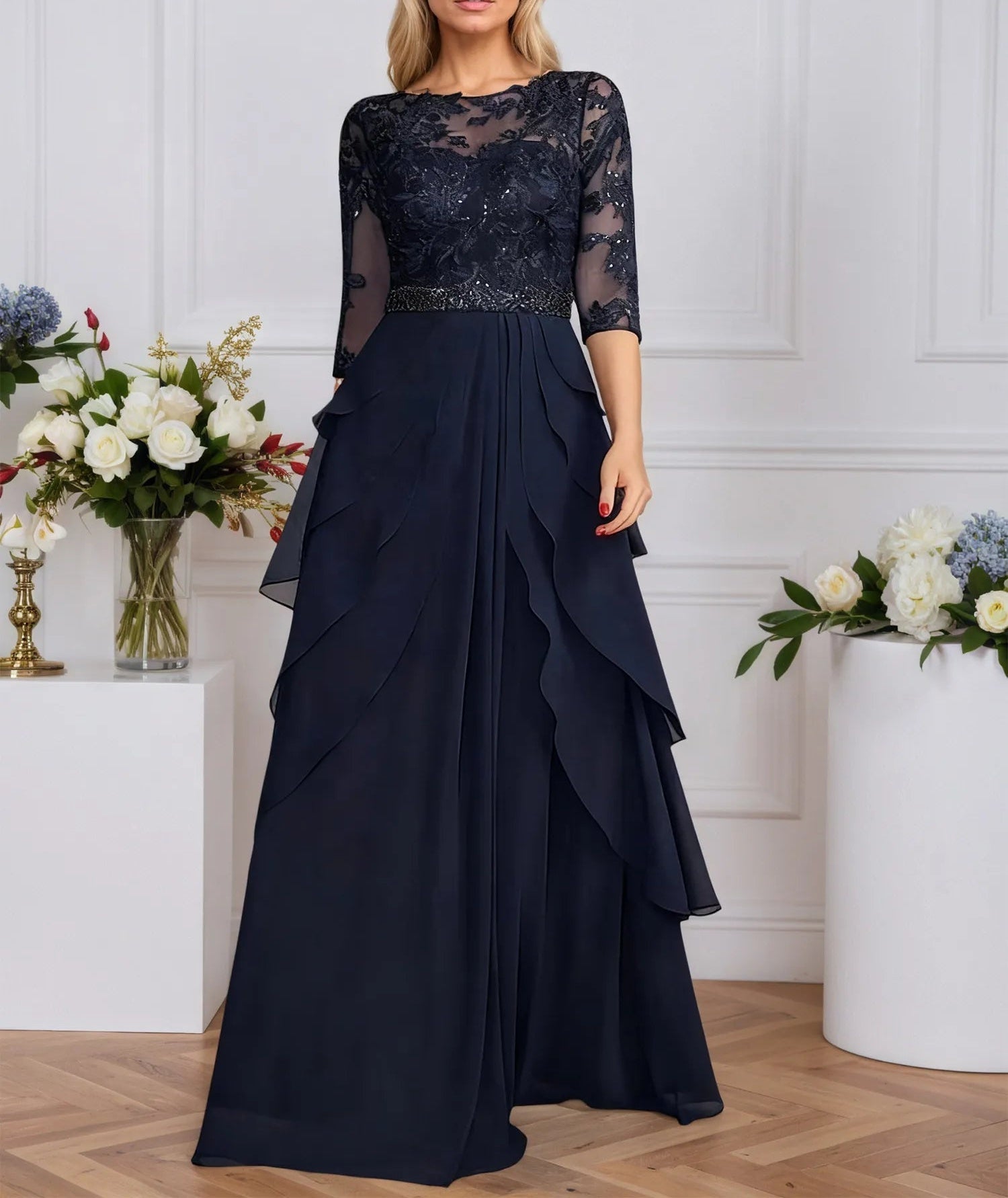 A-line Scoop Illusion Floor-Length Chiffon Mother of the Bride Dress With Sequins Beading