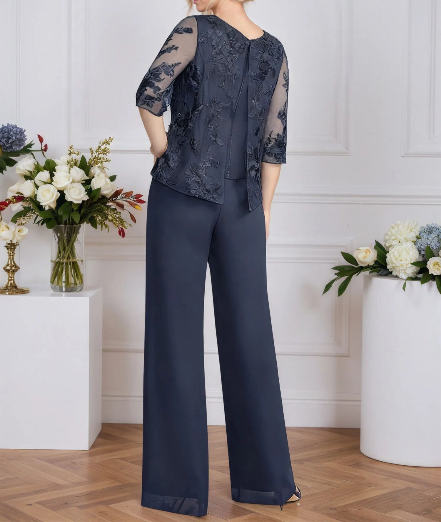 Pantsuits Separates V-Neck Floor-Length Lace Chiffon Mother of the Bride Dress
