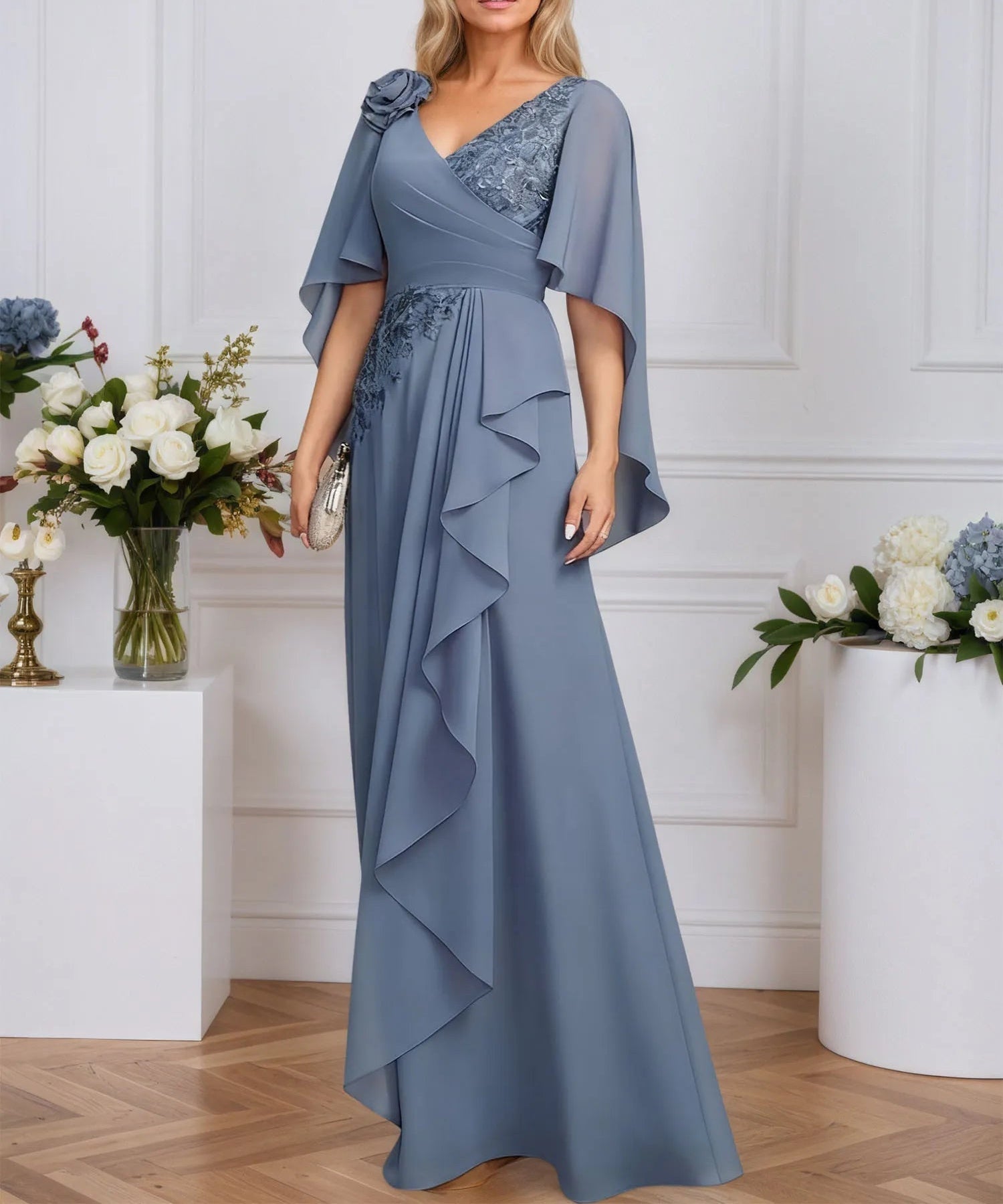 A-line V-Neck Floor-Length Lace Chiffon Mother of the Bride Dress With 3D Floral Sequins Cascading Ruffles