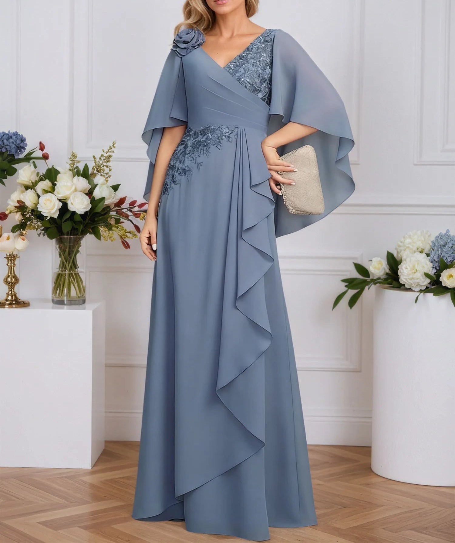 A-line V-Neck Floor-Length Lace Chiffon Mother of the Bride Dress With 3D Floral Sequins Cascading Ruffles