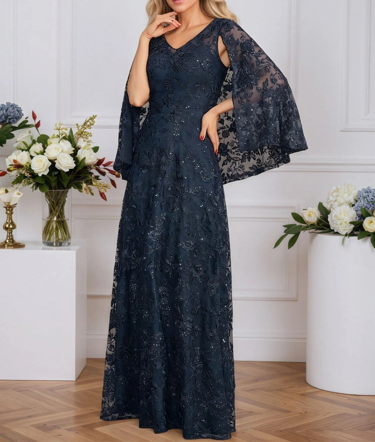 A-line V-Neck Floor-Length Lace Mother of the Bride Dress With Sequins