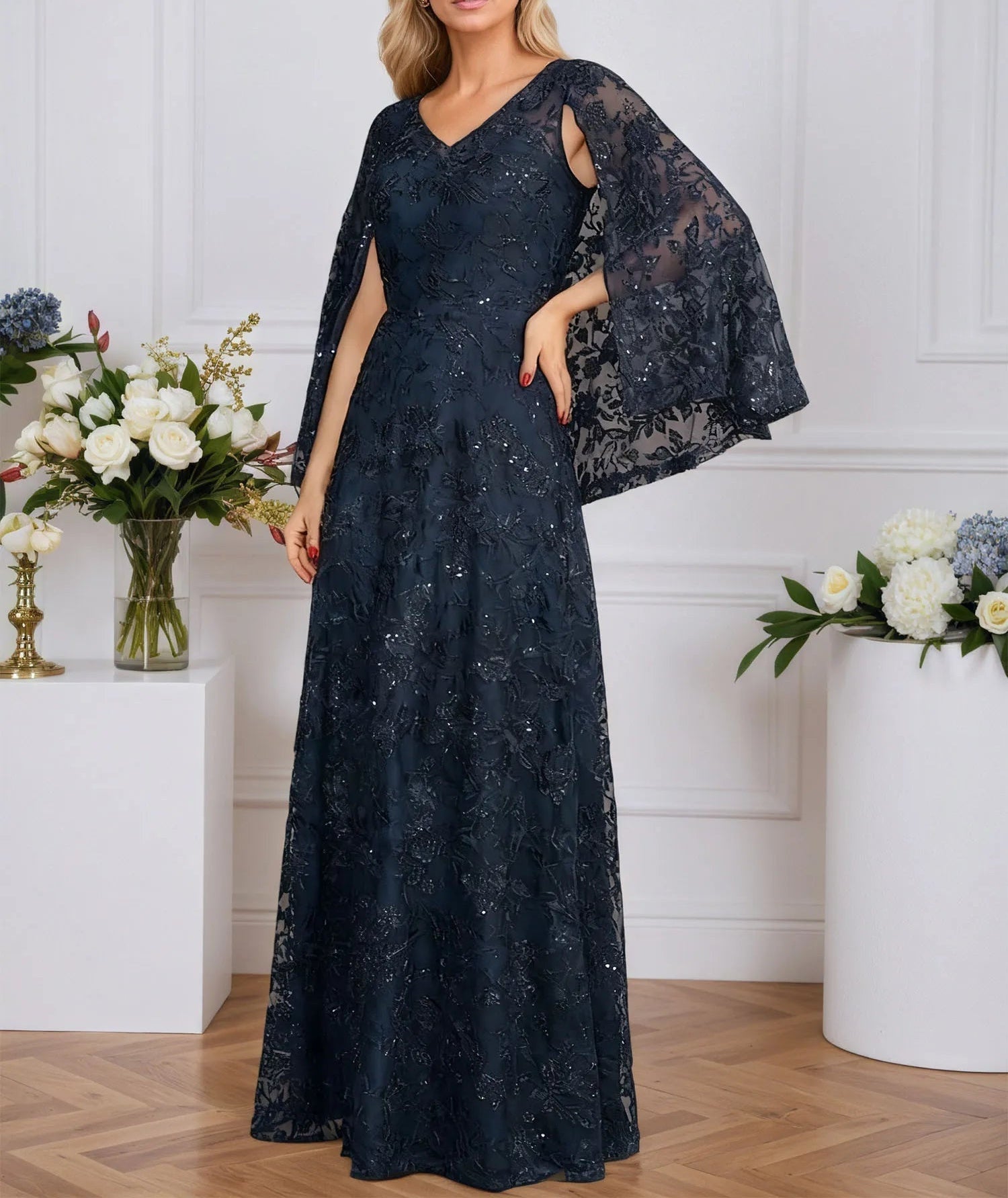 A-line V-Neck Floor-Length Lace Mother of the Bride Dress With Sequins