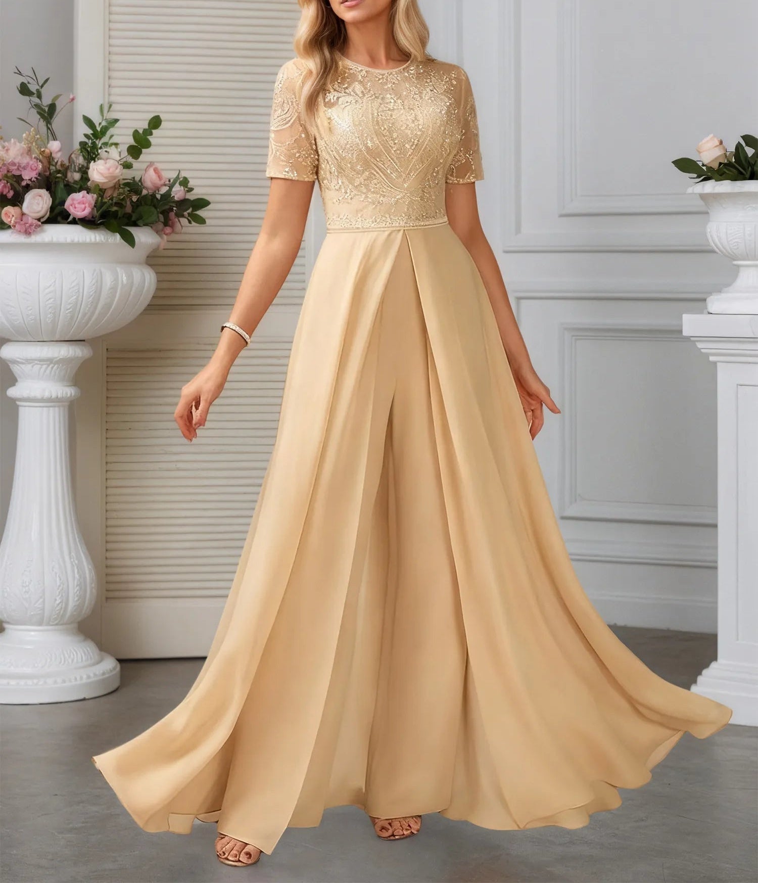 Jumpsuits Illusion Scoop Floor-Length Lace Chiffon Evening Dress With Overskirt Sequins