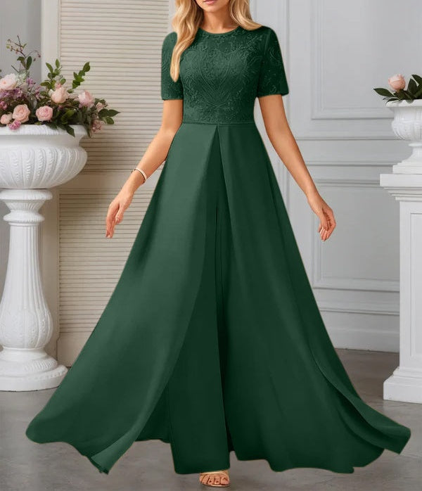 Jumpsuits Illusion Scoop Floor-Length Lace Chiffon Evening Dress With Overskirt Sequins