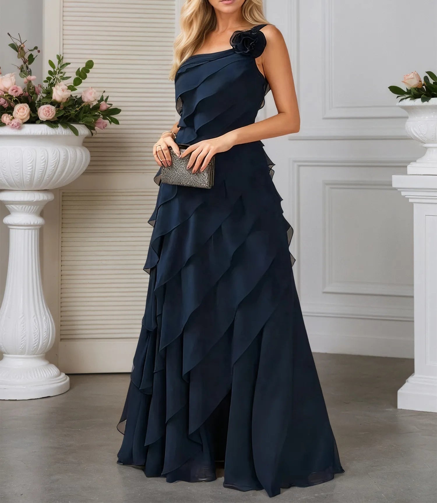 A-line One Shoulder Floor-Length Chiffon Evening Dress With Cascading Ruffles Flower