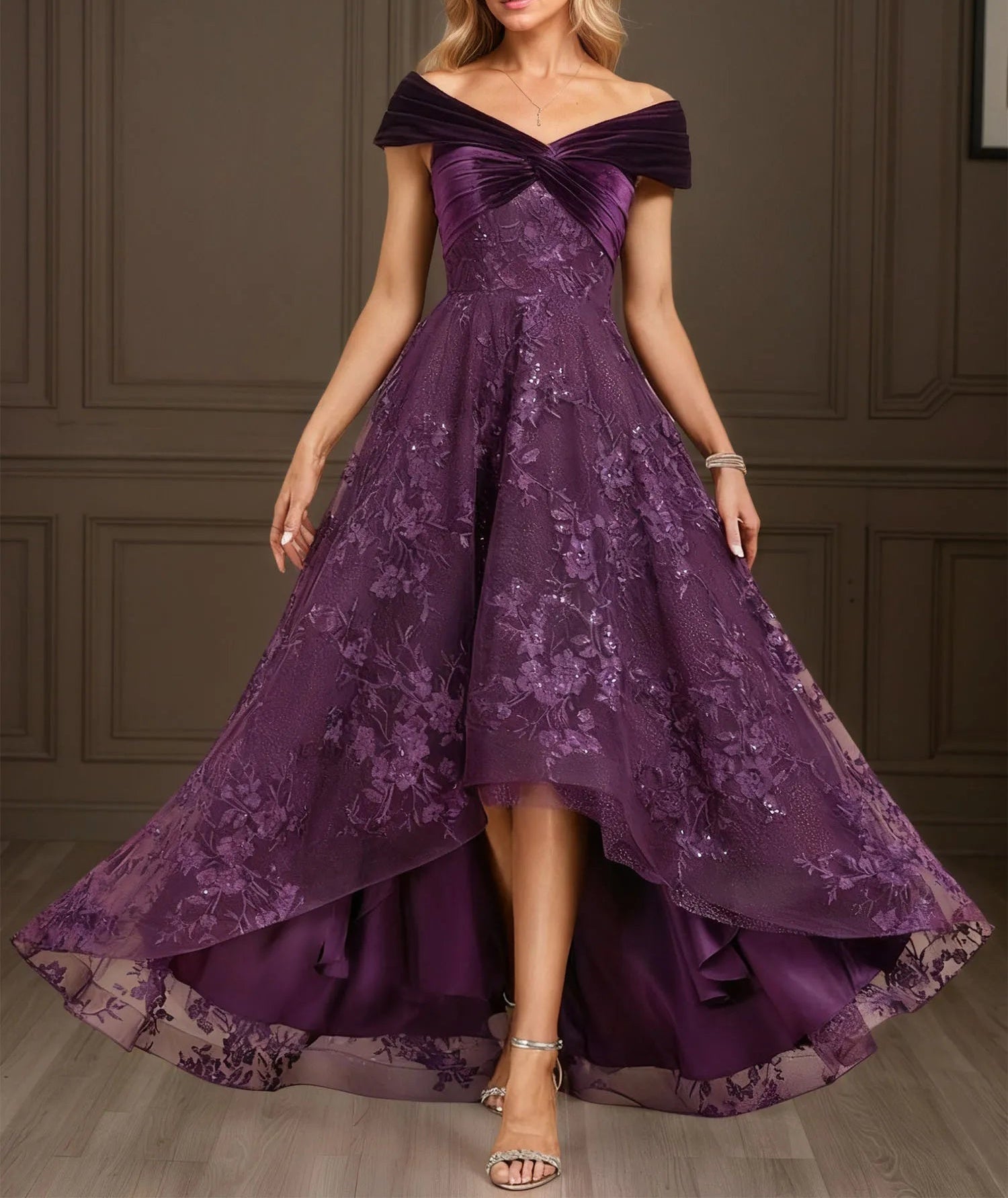 A-line Off the Shoulder Asymmetrical Velvet Lace Evening Dress With Pleated Sequins