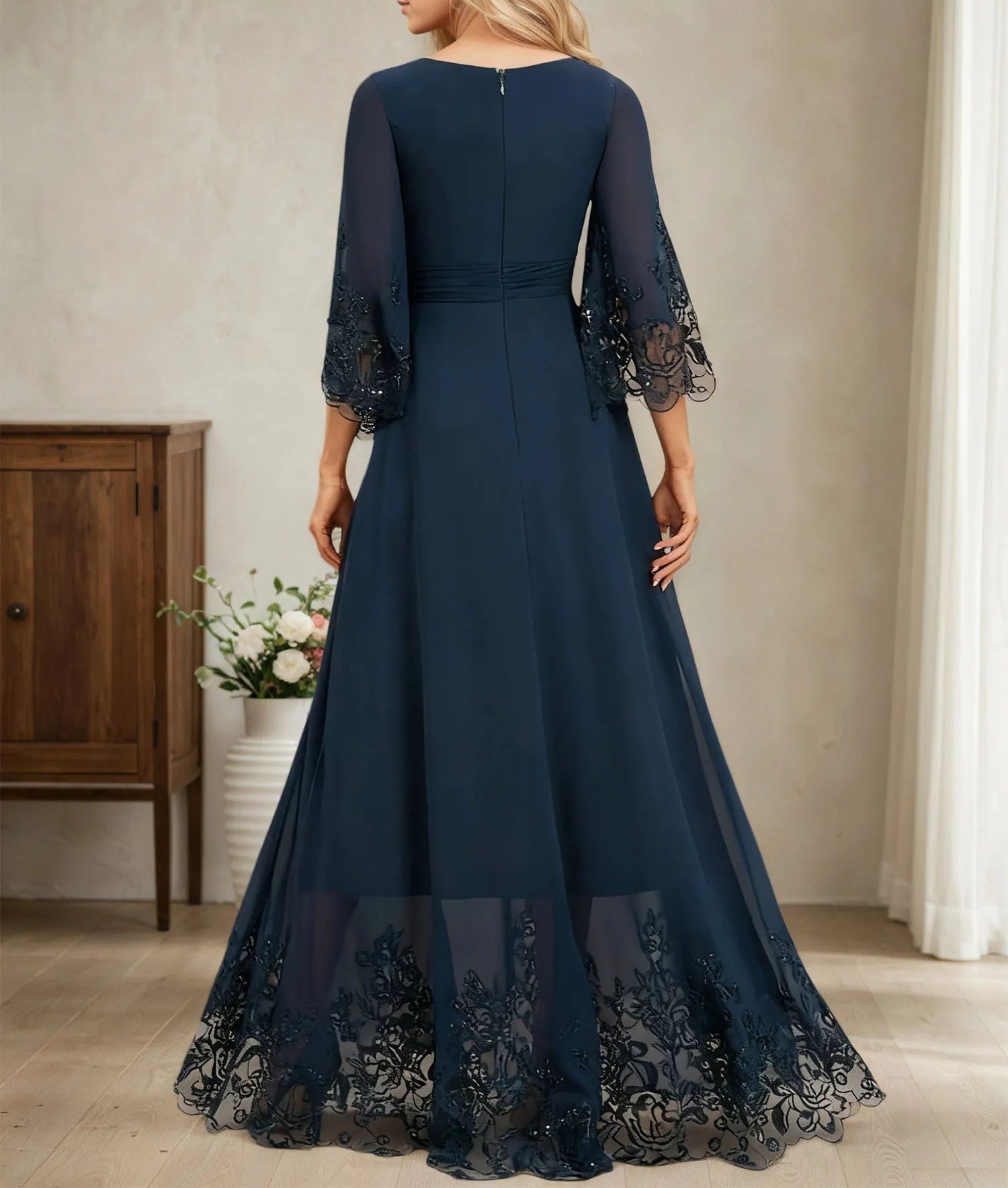 A-line V-Neck Floor-Length Chiffon Evening Dress With Pleated Sequins