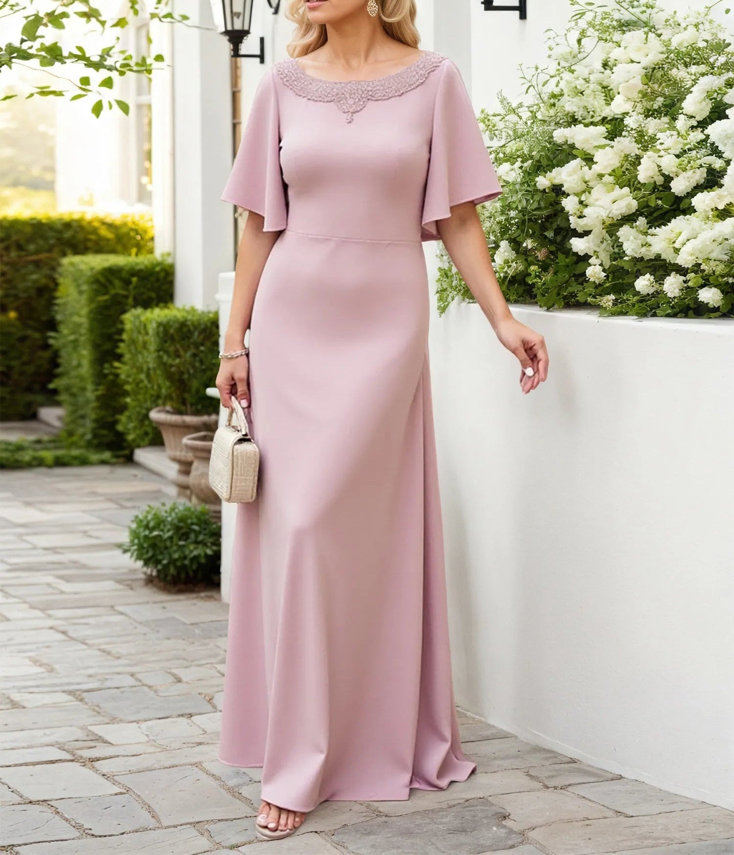 Sheath/Column Stretch Crepe Scoop Neck Floor Length Mother of the Bride Dress