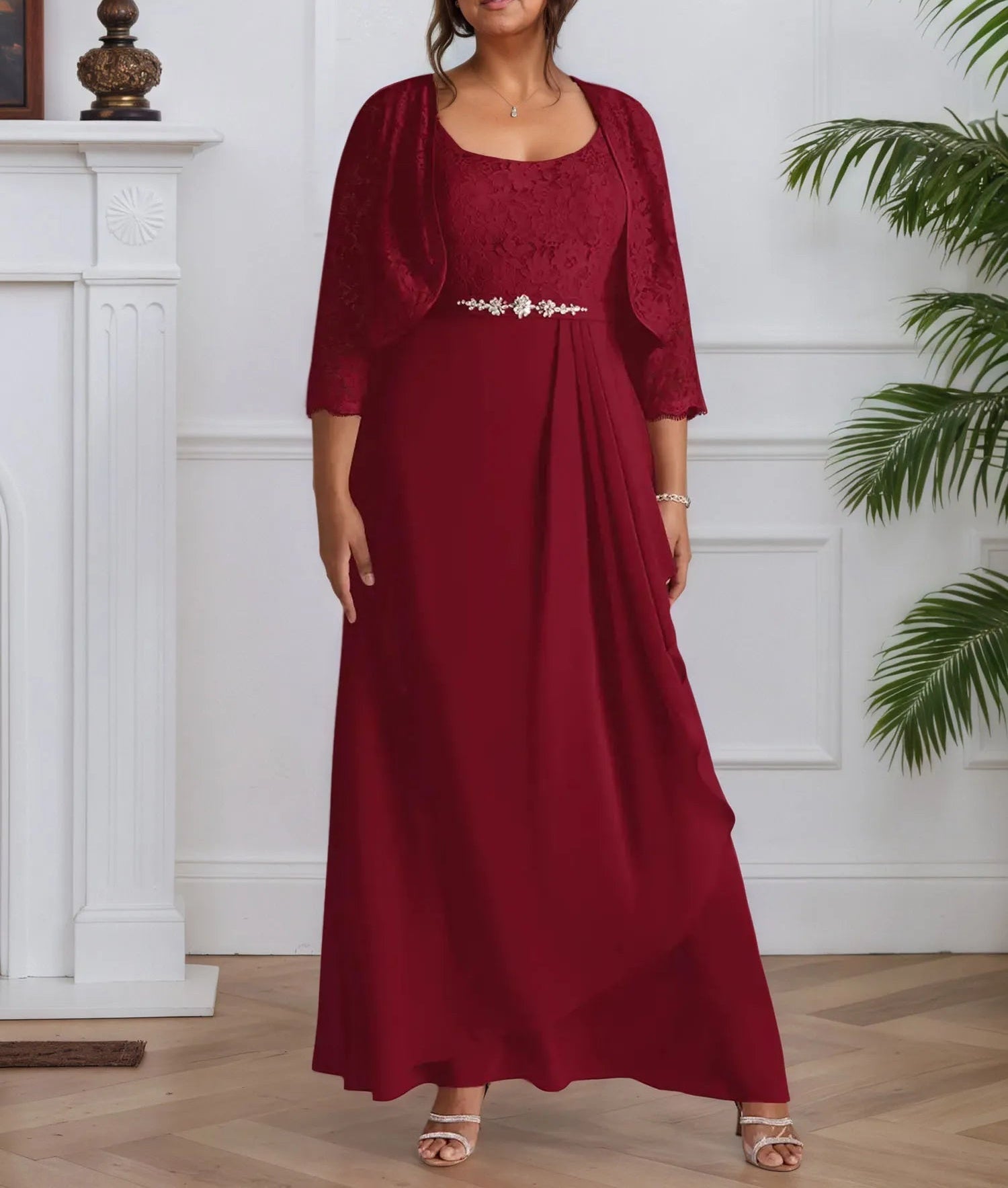 A-Line Square Neckline Lace Chiffon Mother of the Bride Dress