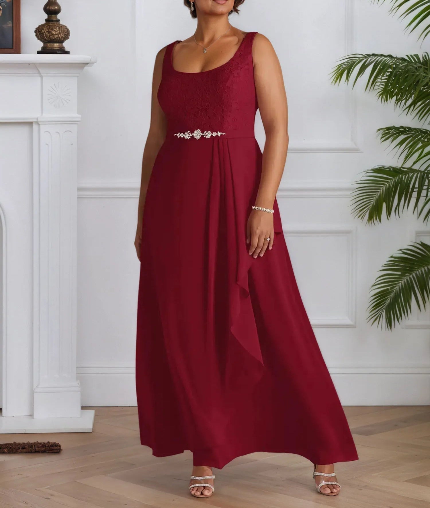 A-Line Square Neckline Lace Chiffon Mother of the Bride Dress