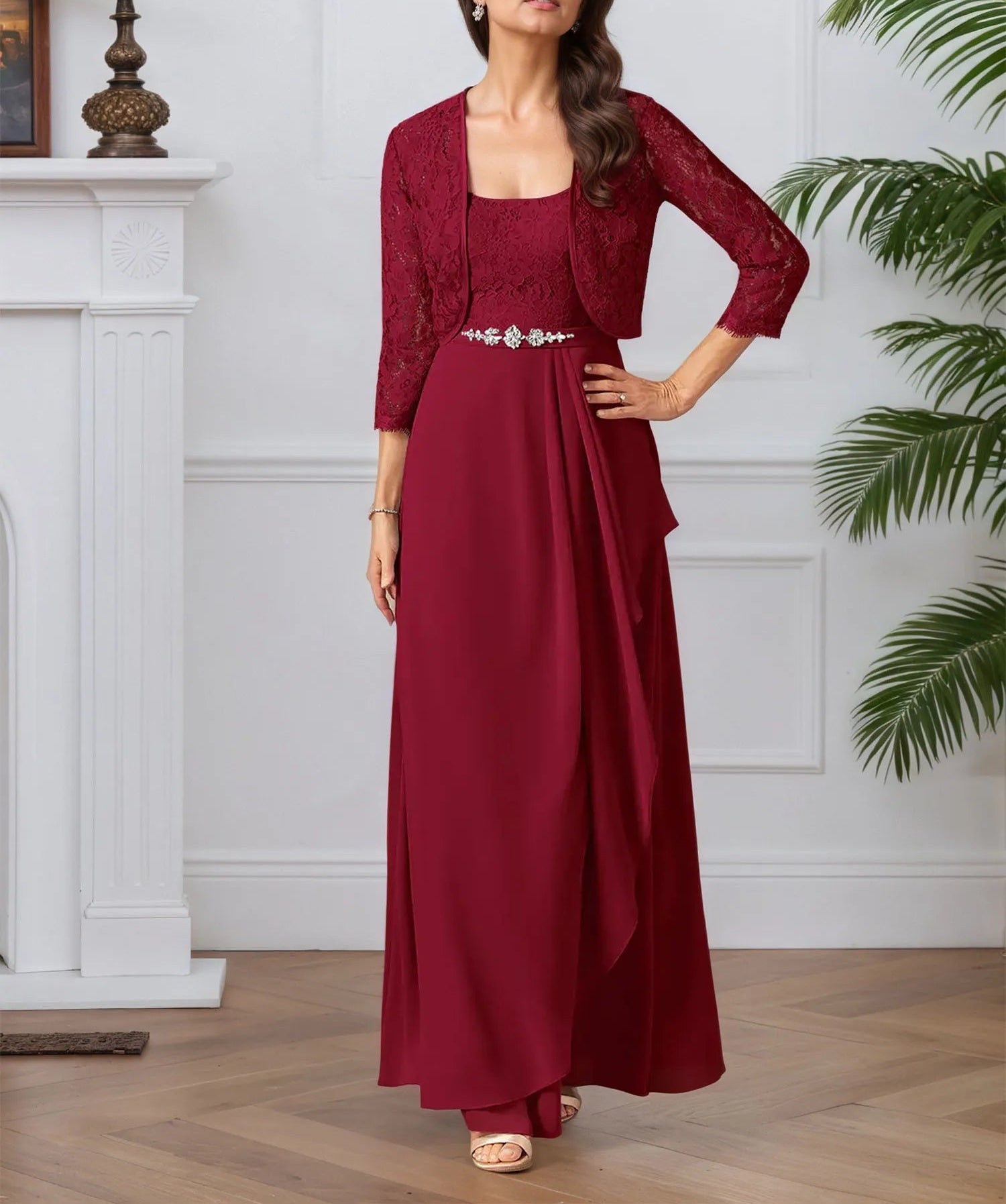 A-Line Square Neckline Lace Chiffon Mother of the Bride Dress