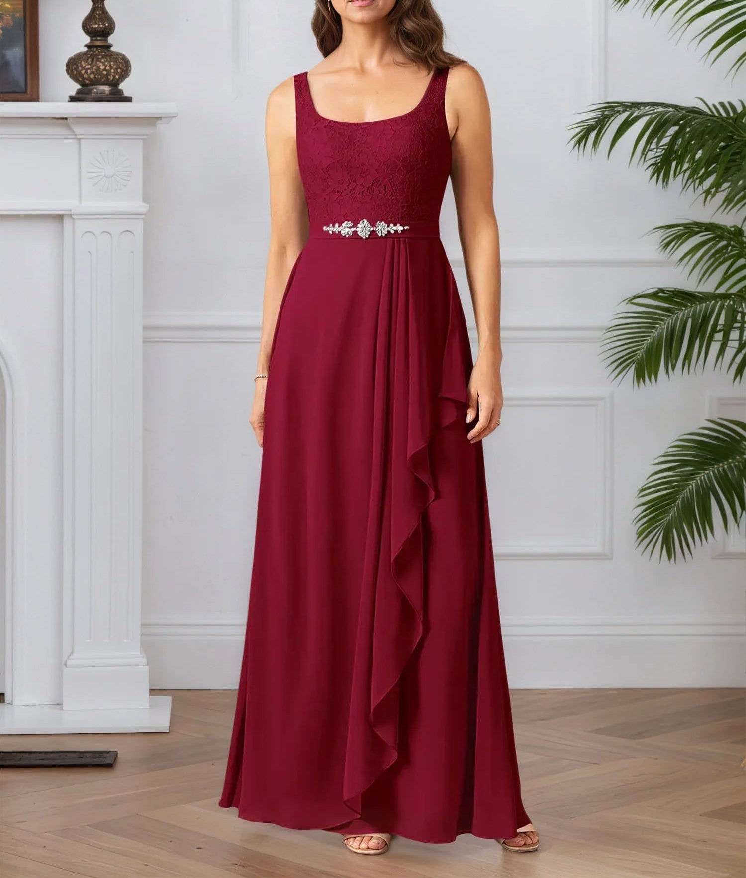 A-Line Square Neckline Lace Chiffon Mother of the Bride Dress